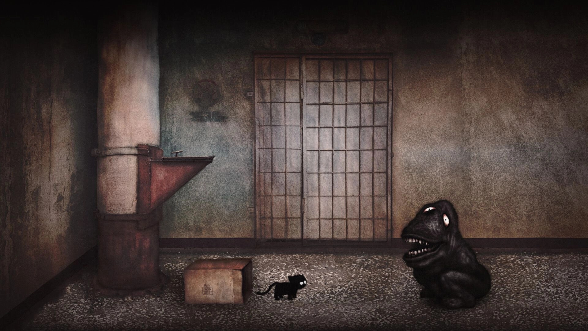 Inky's Sleep: Inky encounters a grinning creature in a dim, eerie hallway with a metal door and pipes.
