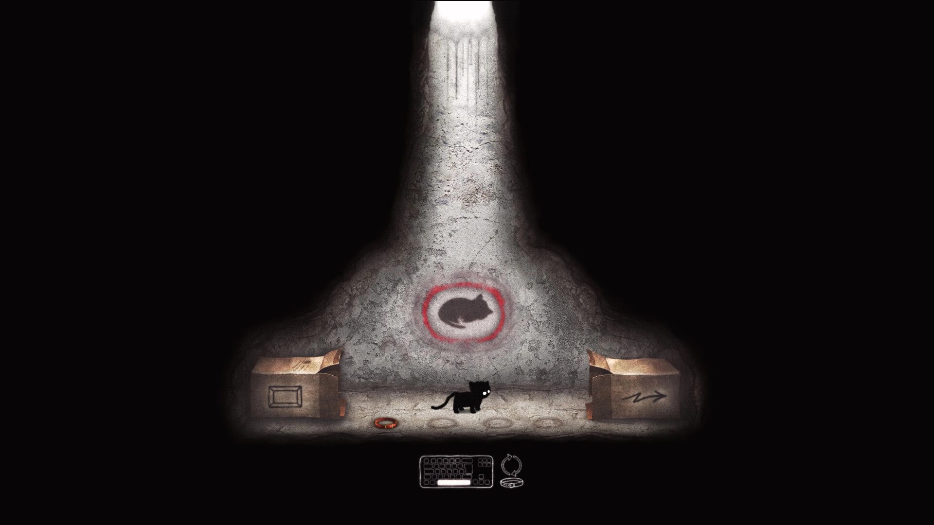 Inky's Sleep: Inky stands between two boxes under a spotlight in a dimly lit, mysterious room.