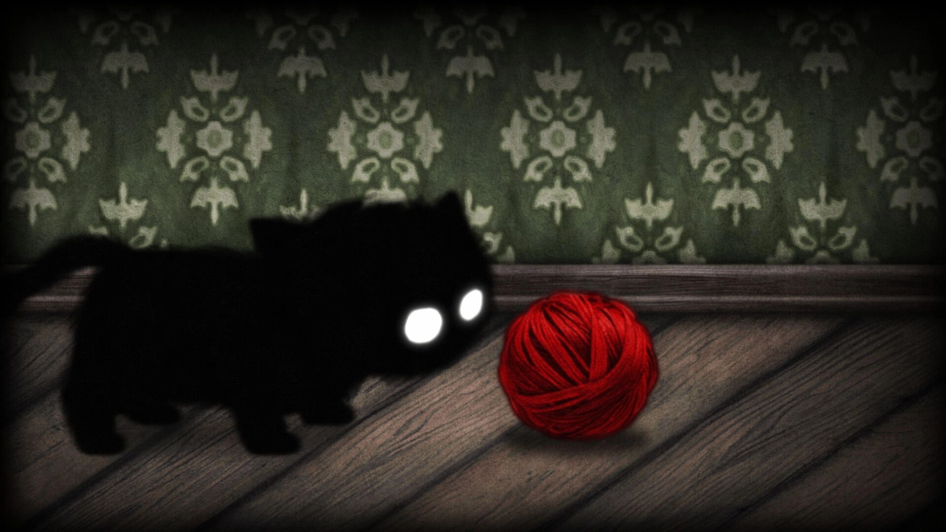 Inky's Sleep: Inky stares at a red yarn ball on a wooden floor with patterned wallpaper in the background.