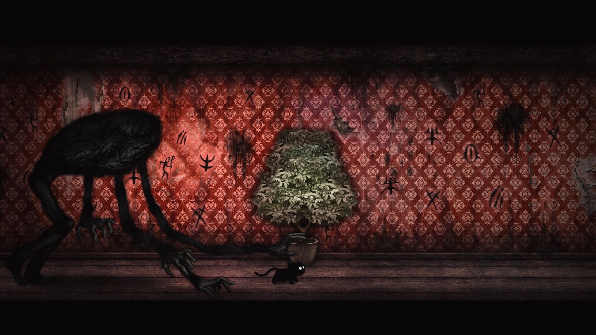 Inky's Sleep: Inky sneaks past a shadowy creature in a dimly lit room with eerie symbols on red walls.