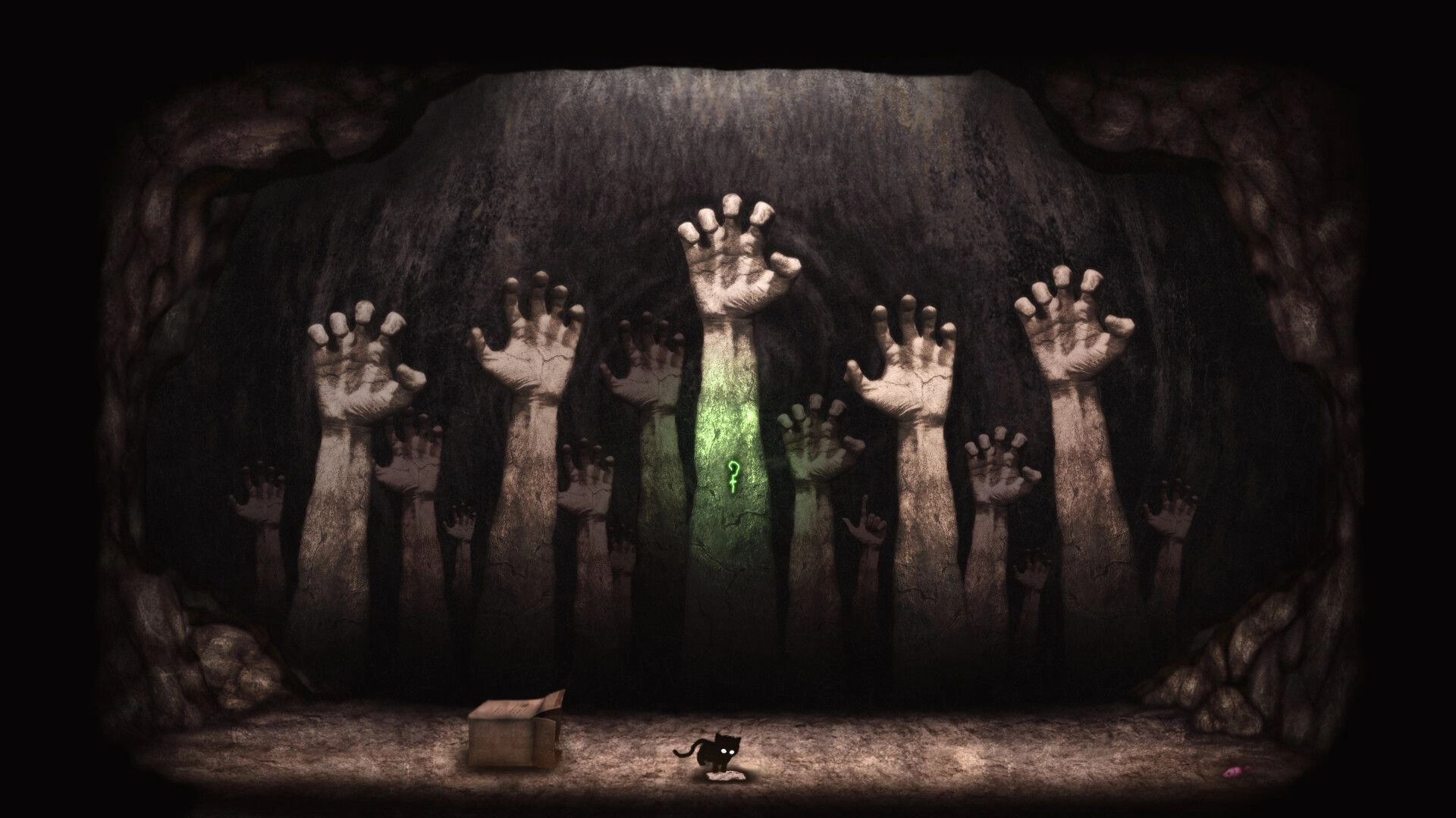 Inky's Sleep: Inky explores eerie cave with reaching hands and mysterious glowing symbol