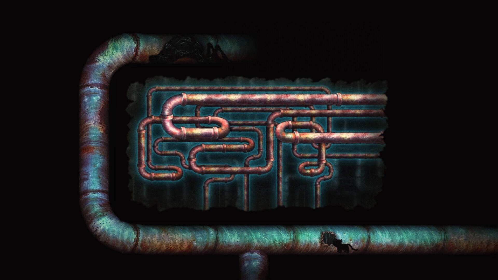 Inky's Sleep: Inky navigates a maze of glowing pipes in a dark, eerie dreamscape environment.