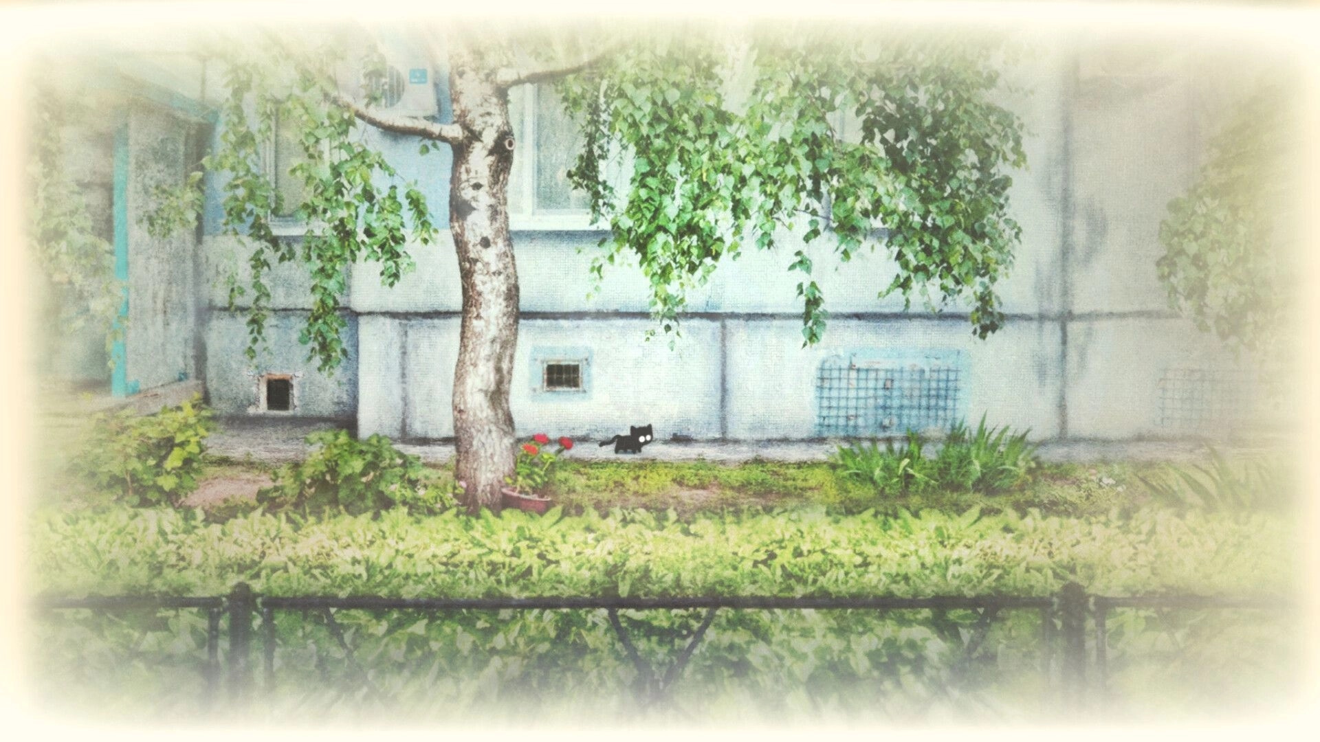 Inky's Sleep: Inky the cat explores a surreal garden with lush greenery and a birch tree in daylight.