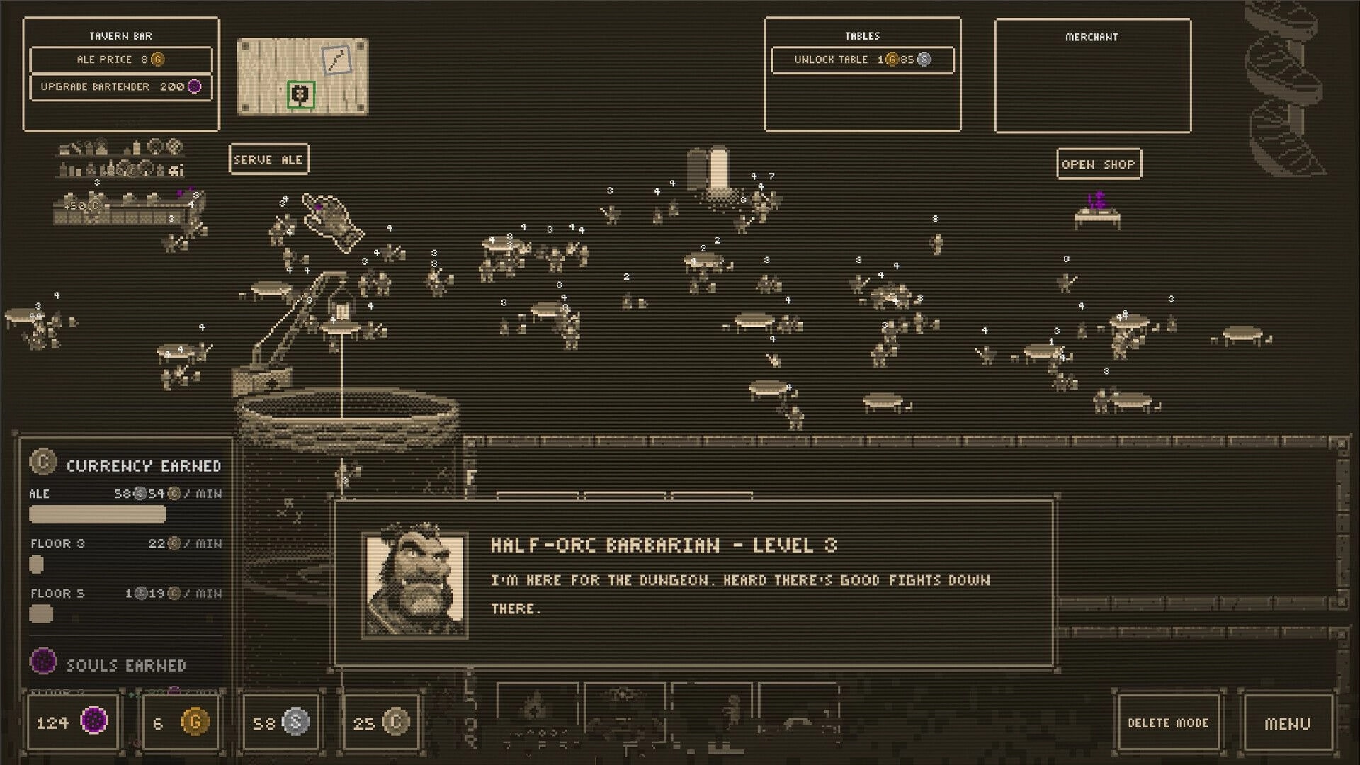 Inn Over Your Head: Serving ale as patrons crowd tables, half-orc barbarian dialogue in tavern UI.
