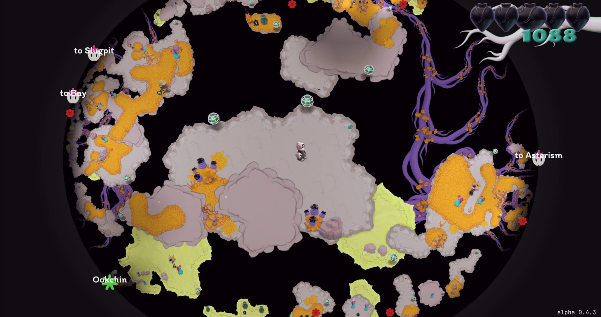 Innards: World map view with player marker and portals labeled to Bay, Slugpit, and Asterism.