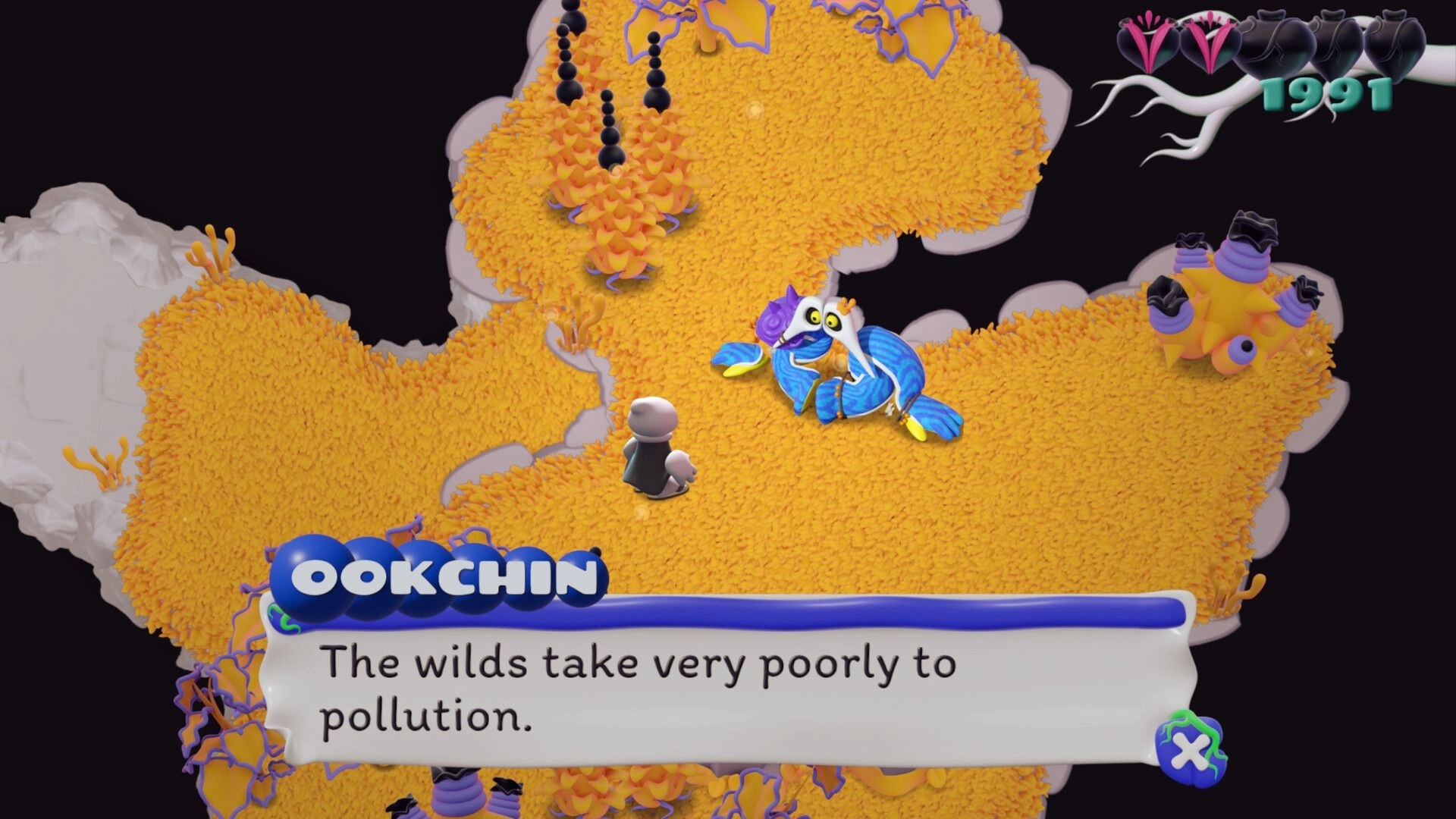 Innards: Talking to Ookchin via dialogue box on orange coral path in surreal void, 1991 HUD.