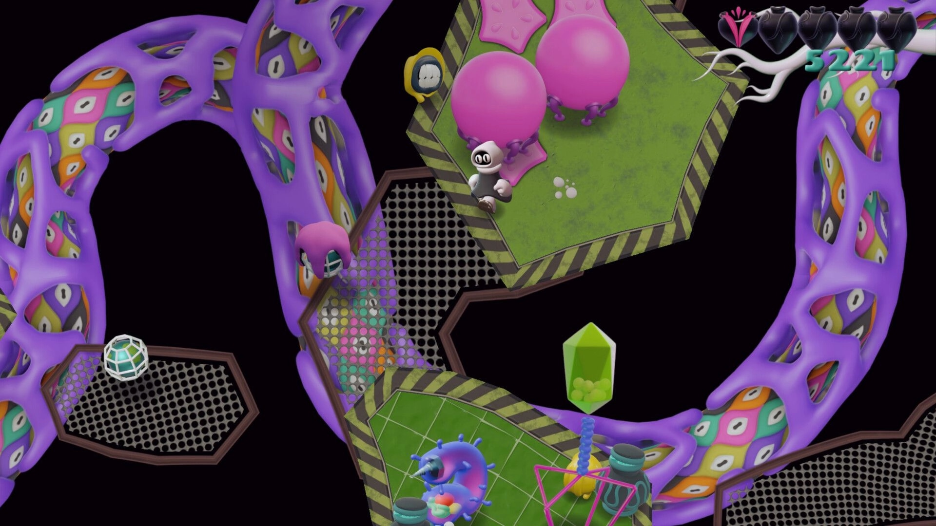 Innards: White blob character stands by pink balloons on a floating hazard-striped platform, hearts UI top right.
