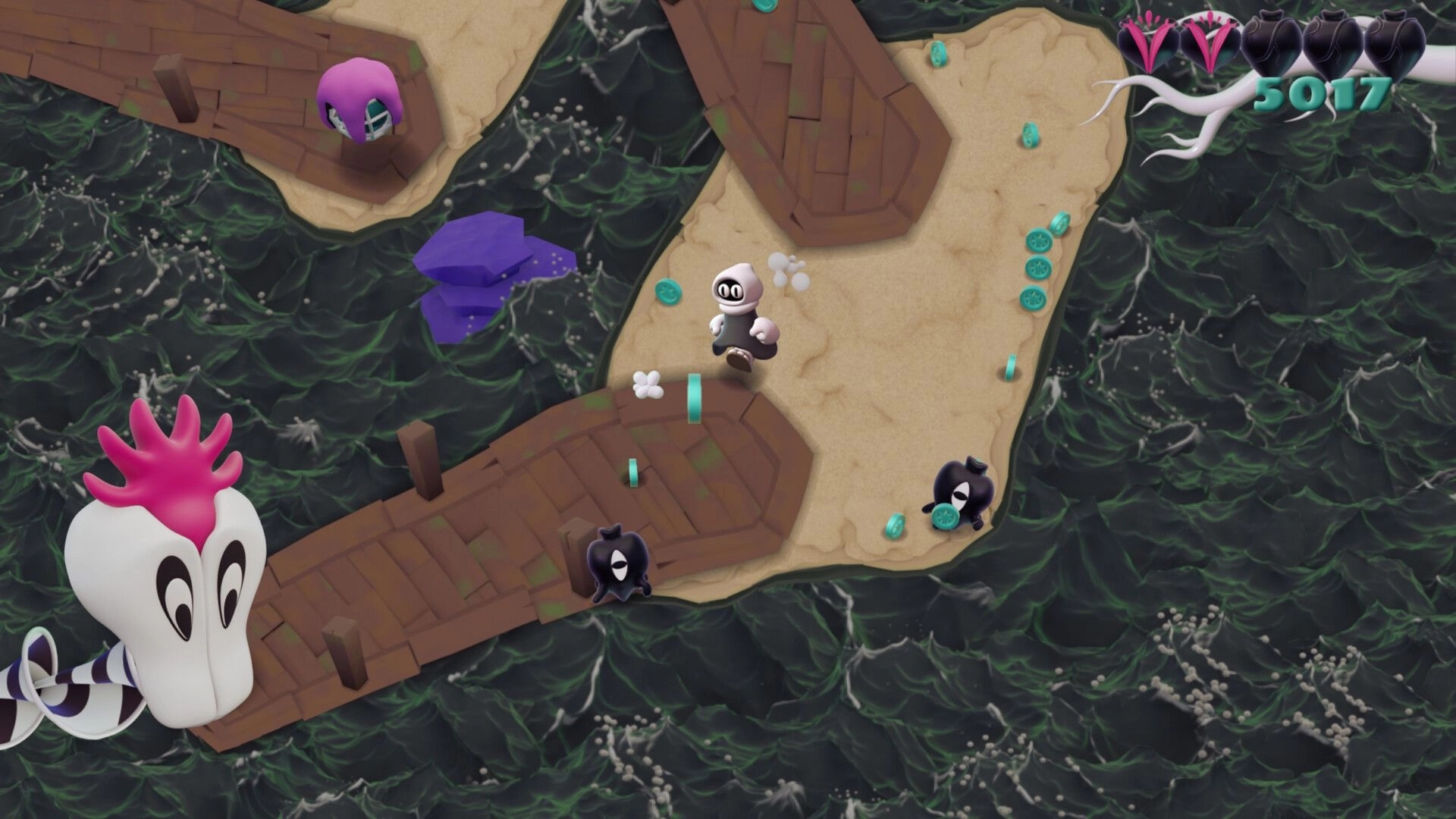 Innards: White blob character runs along sandy pier over dark waves, collecting coins with heart UI.