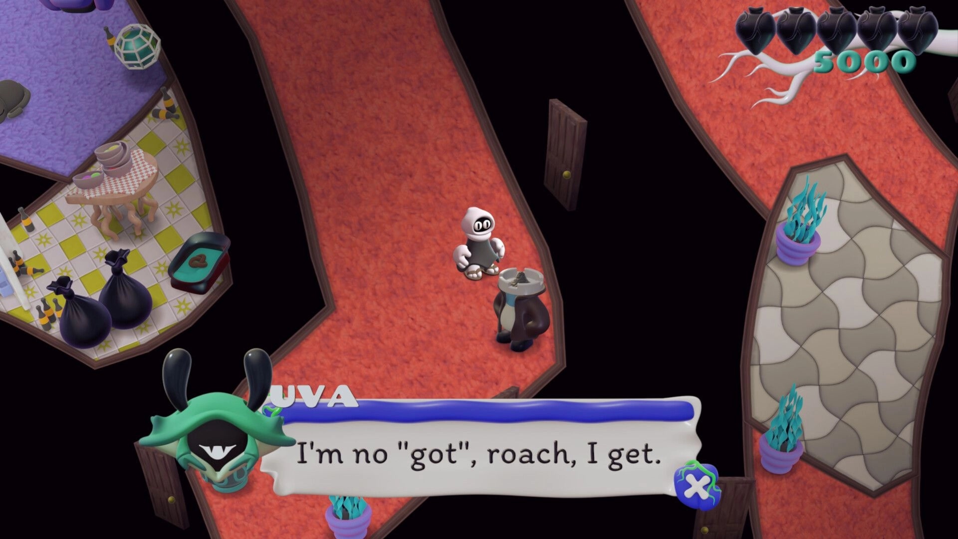 Innards: Dialogue with Uva as hooded figure faces NPC in warped hallway with heart UI and score 5000.