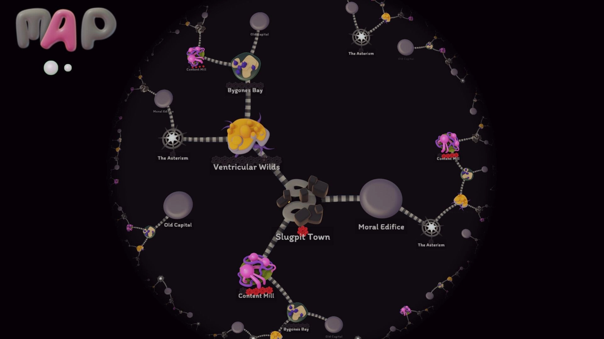 Innards: World map screen with connected nodes like Ventrciular Wilds and Slugpit Town on dark void.