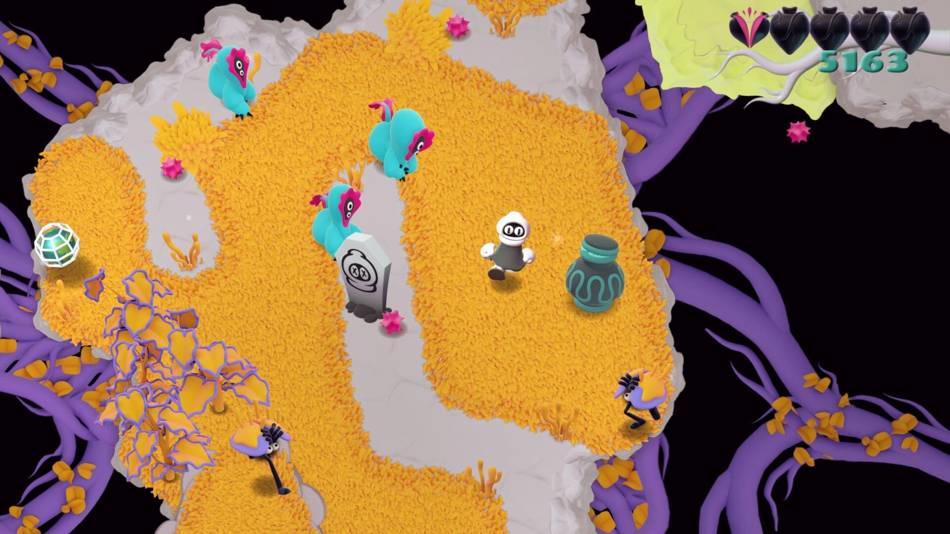 Innards: White blob hero on yellow path near jar and enemies in alien grove, hearts UI top right.