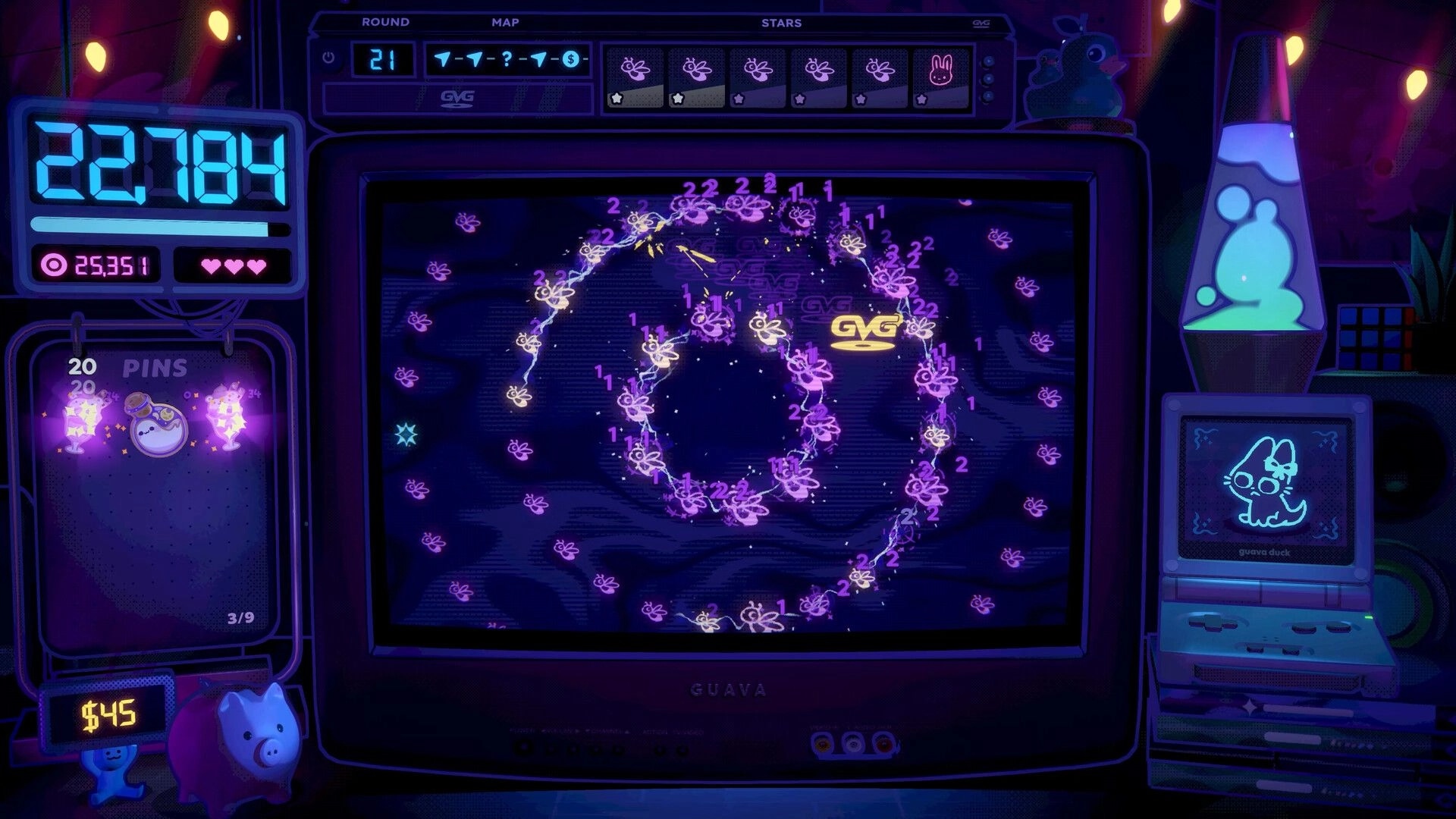 Insert Disc: GVG logo ricochets through glowing purple pegs on a CRT screen with score UI and pins meter.