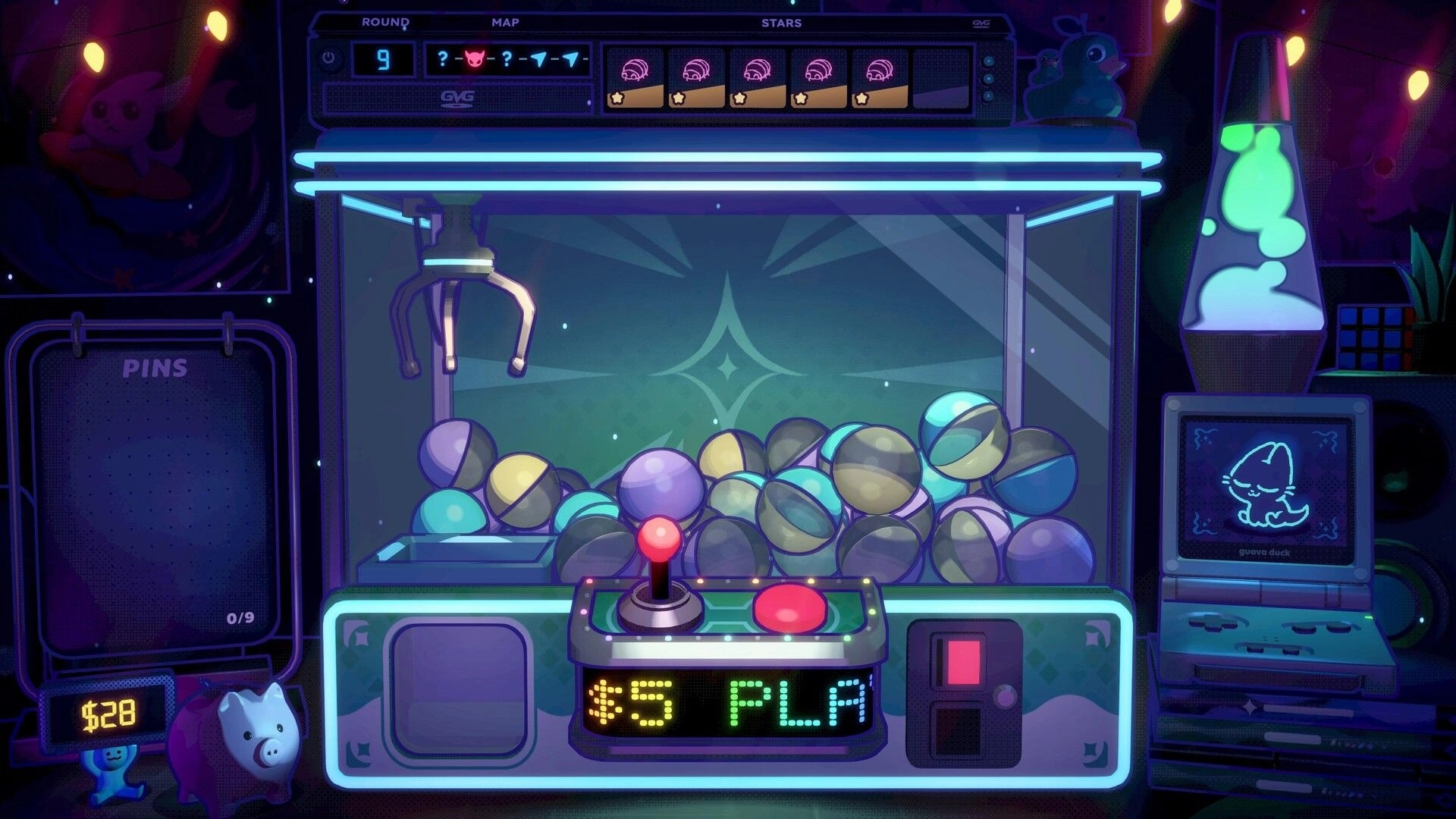 Insert Disc: Claw machine prize screen with joystick and $5 play prompt in neon arcade room.