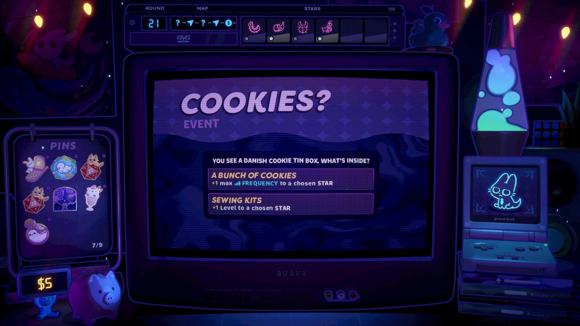 Insert Disc: Cookies? event choice menu on CRT screen with pins panel and neon lava lamp desk setup.