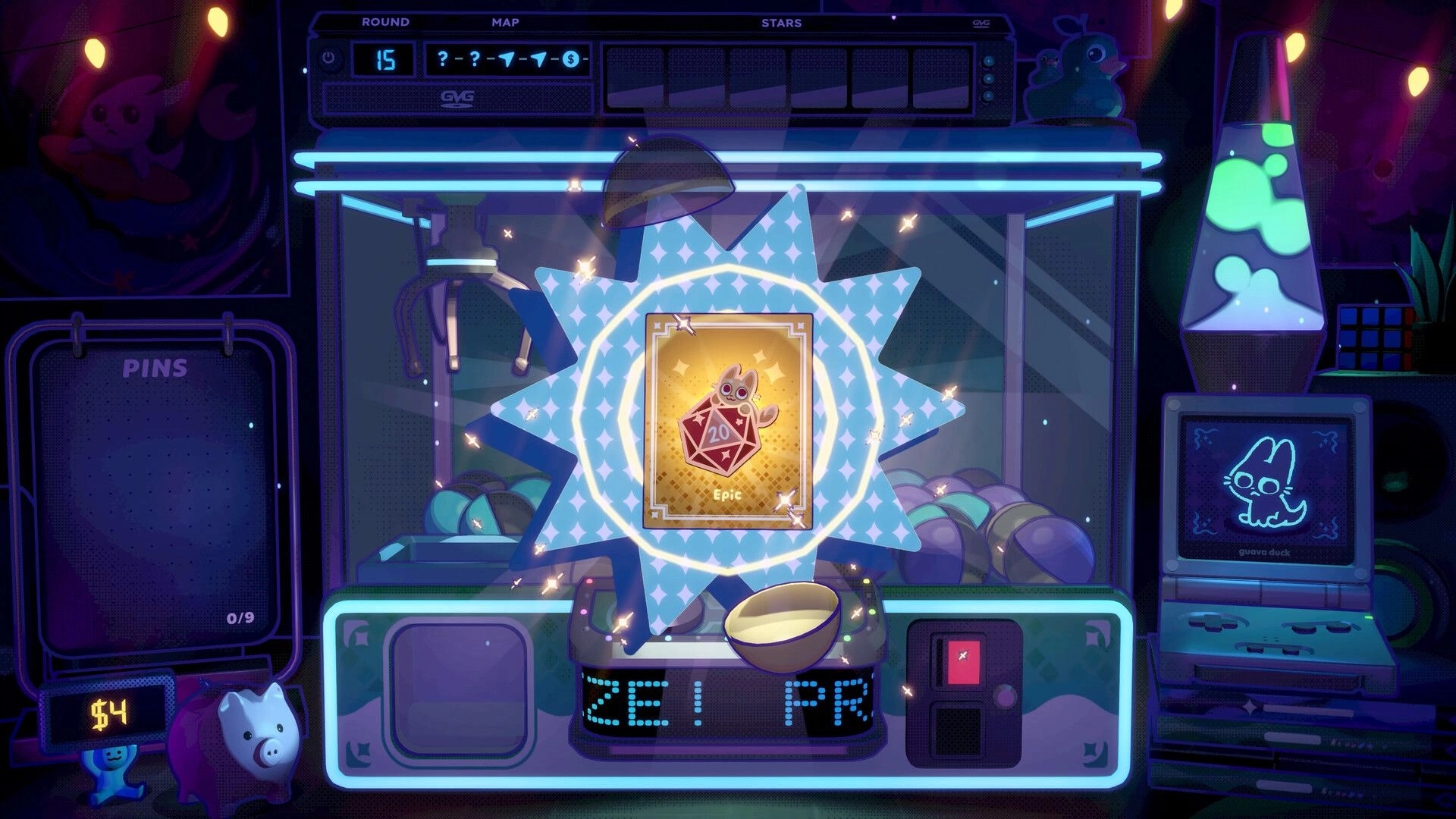 Insert Disc: Epic reward card with d20 cat pops from claw machine in neon arcade room UI.