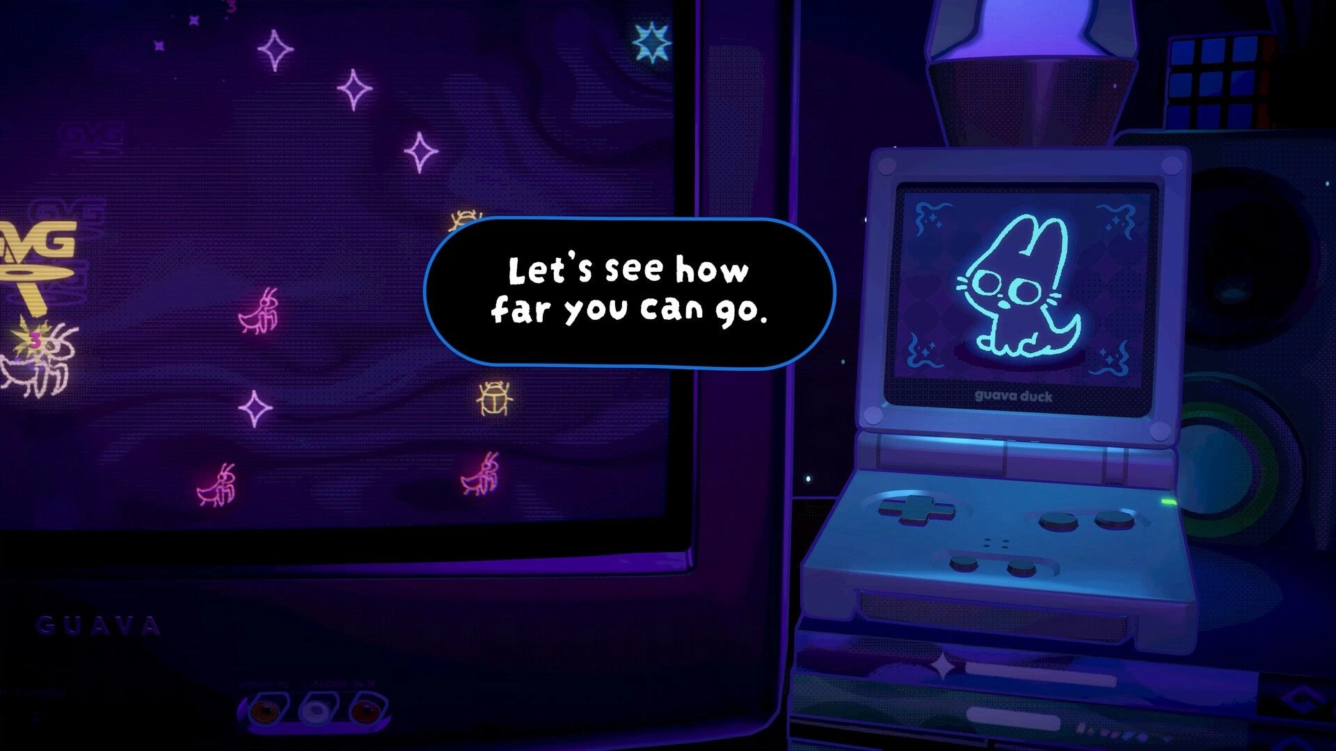 Insert Disc: Tutorial speech bubble over CRT starfield, guava duck mascot on arcade cabinet screen.