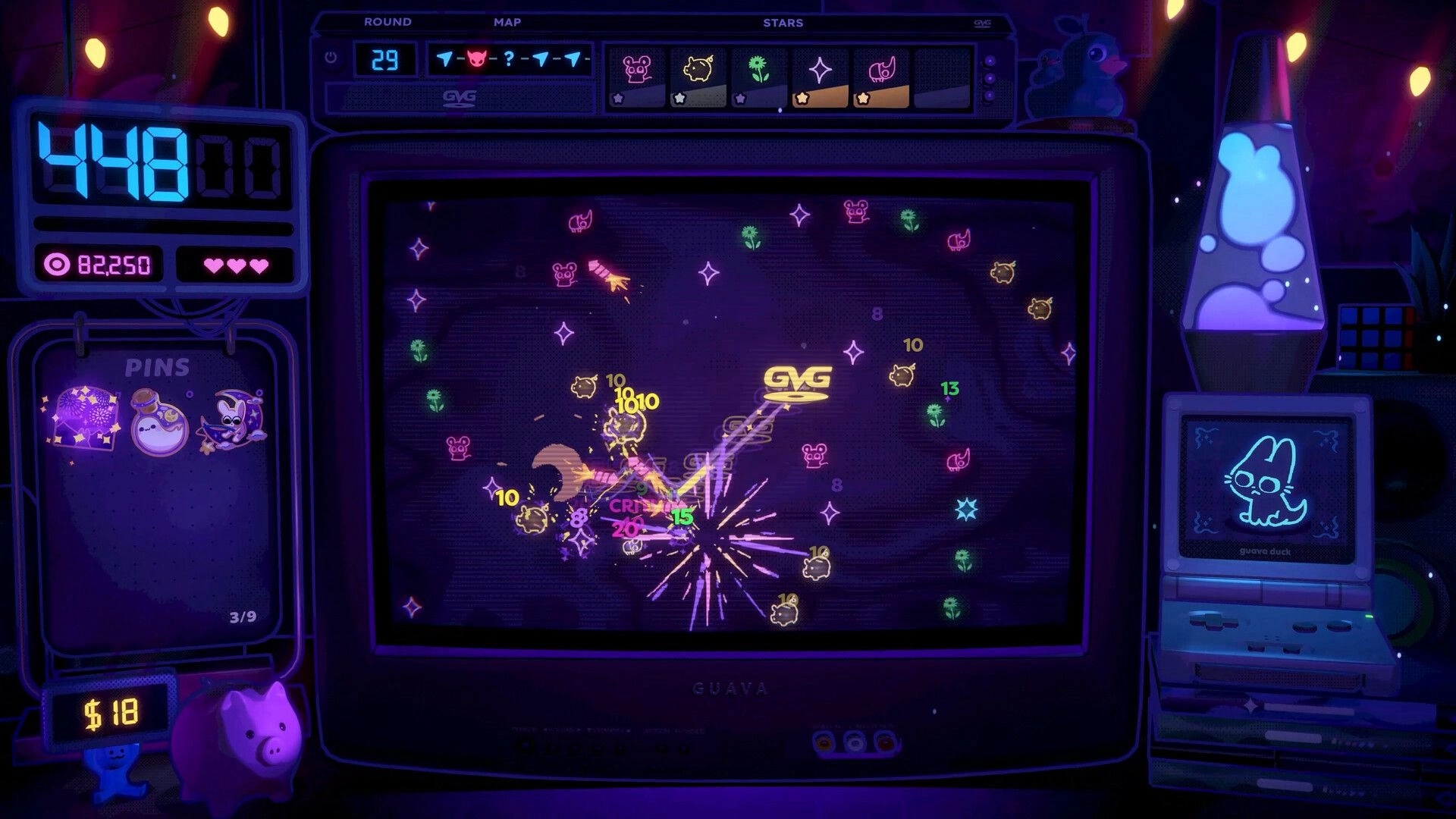 Insert Disc: GVG logo ricochets off neon pegs with score and hearts UI on CRT arcade display.