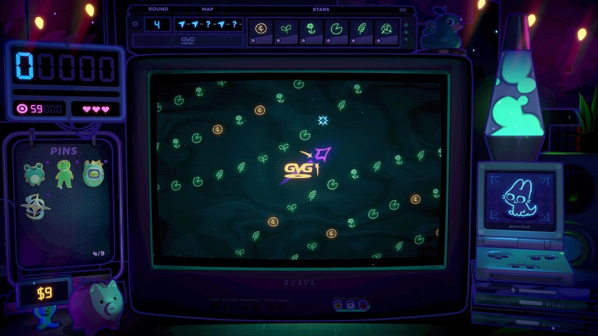 Insert Disc: DVD logo bounces in CRT playfield with peg icons, score and hearts UI on sides.