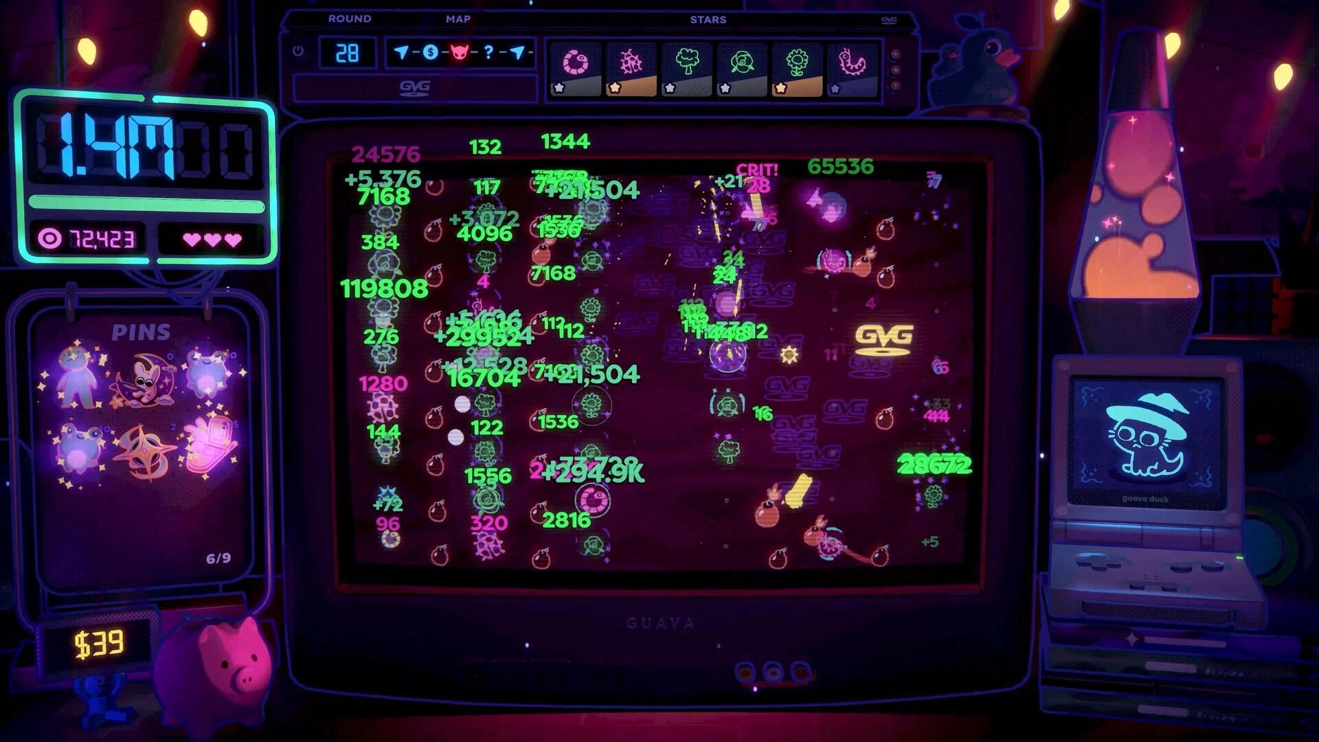 Insert Disc: DVD logo ricochets through peg-filled CRT arena with neon score popups and round UI.