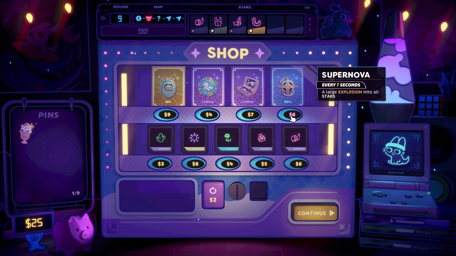 Insert Disc: Shop menu with upgrade cards and prices, Supernova tooltip, neon arcade CRT room.
