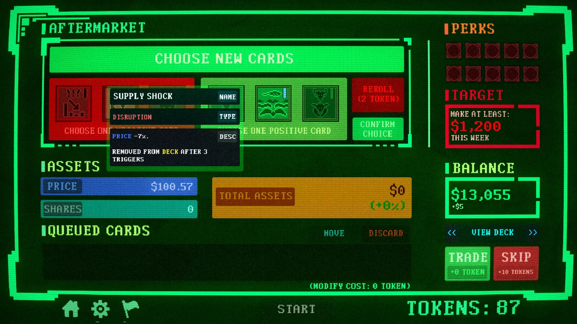 Insider Trading: Card selection screen with asset values, balance, and perk slots in green interface