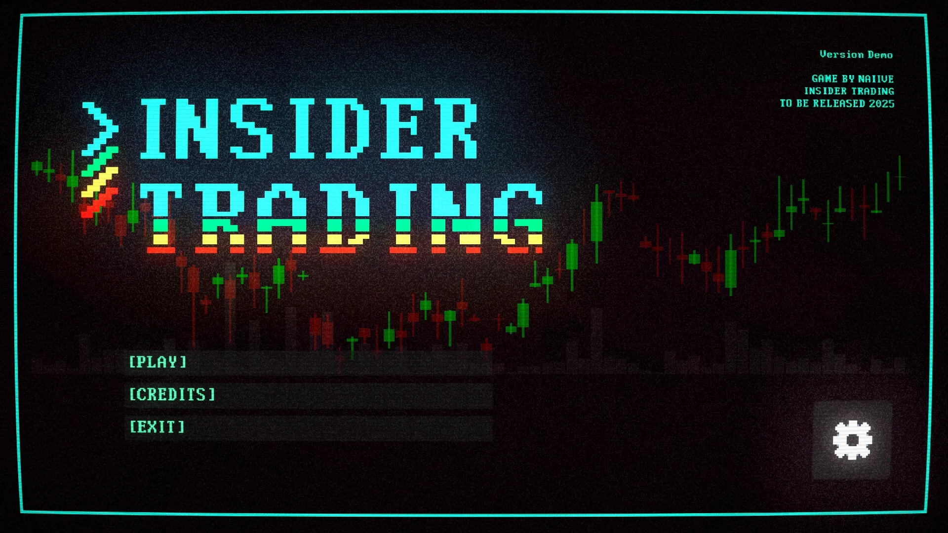 Insider Trading: Title screen with colorful stock chart background and options for play, credits, exit