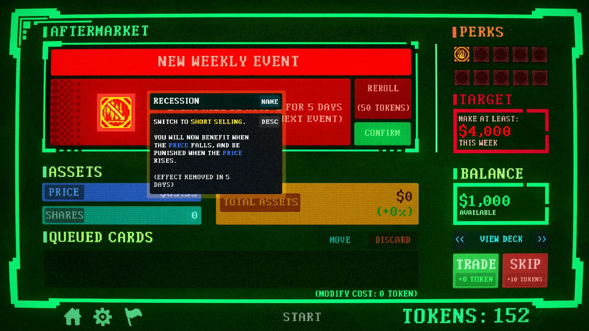 Insider Trading: Weekly event screen with recession effect, asset management, and trade options displayed.