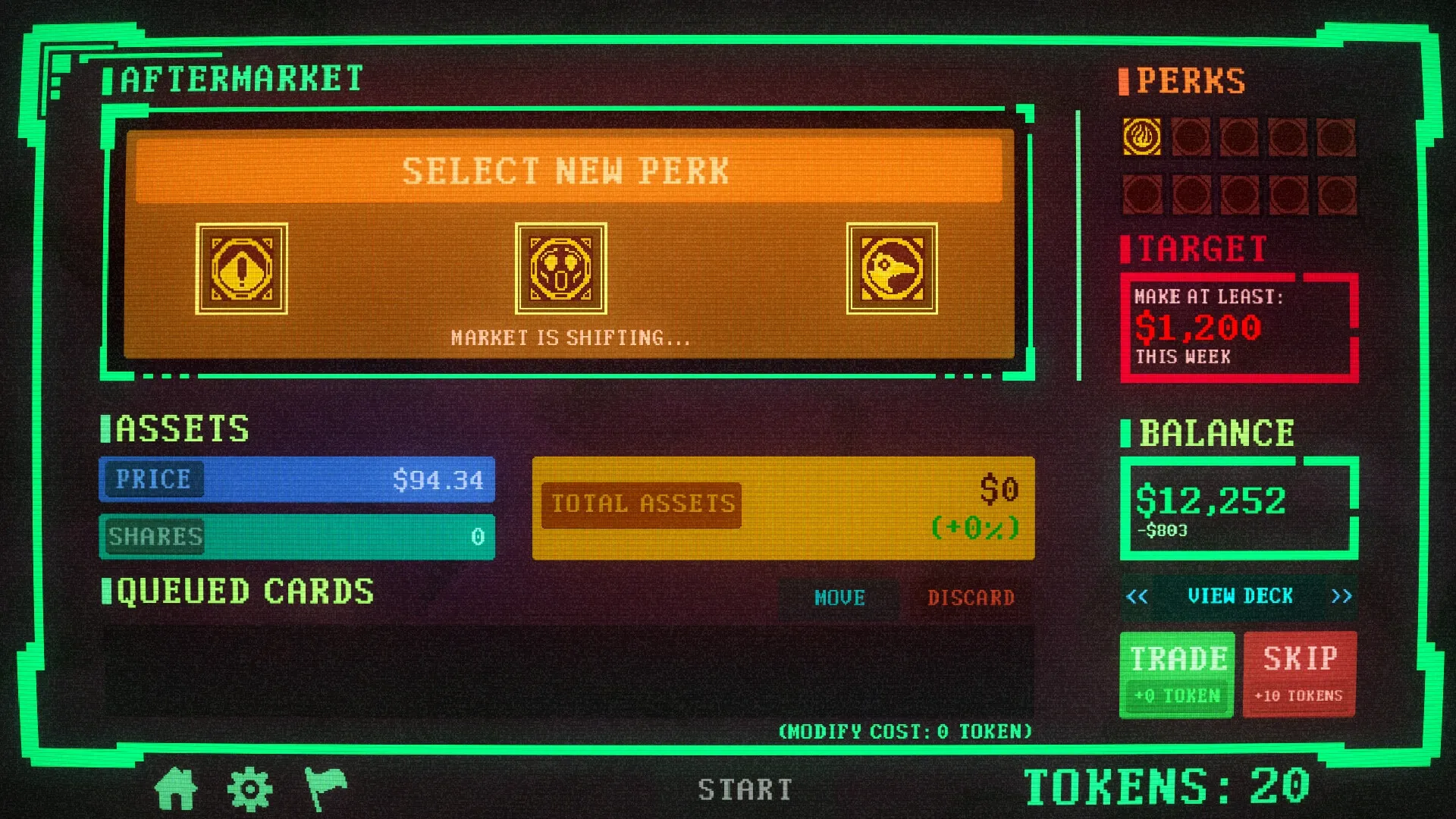 Insider Trading: Select new perk screen with assets, balance info, and market target displayed
