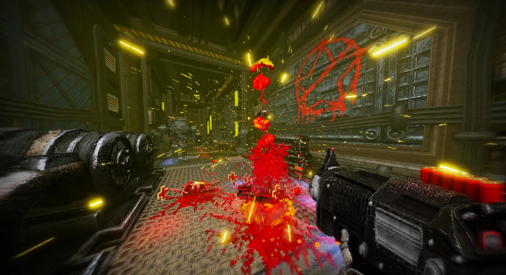INSPEKTOR: Firing weapon at enemy in industrial corridor, with neon lights and blood splatter effects