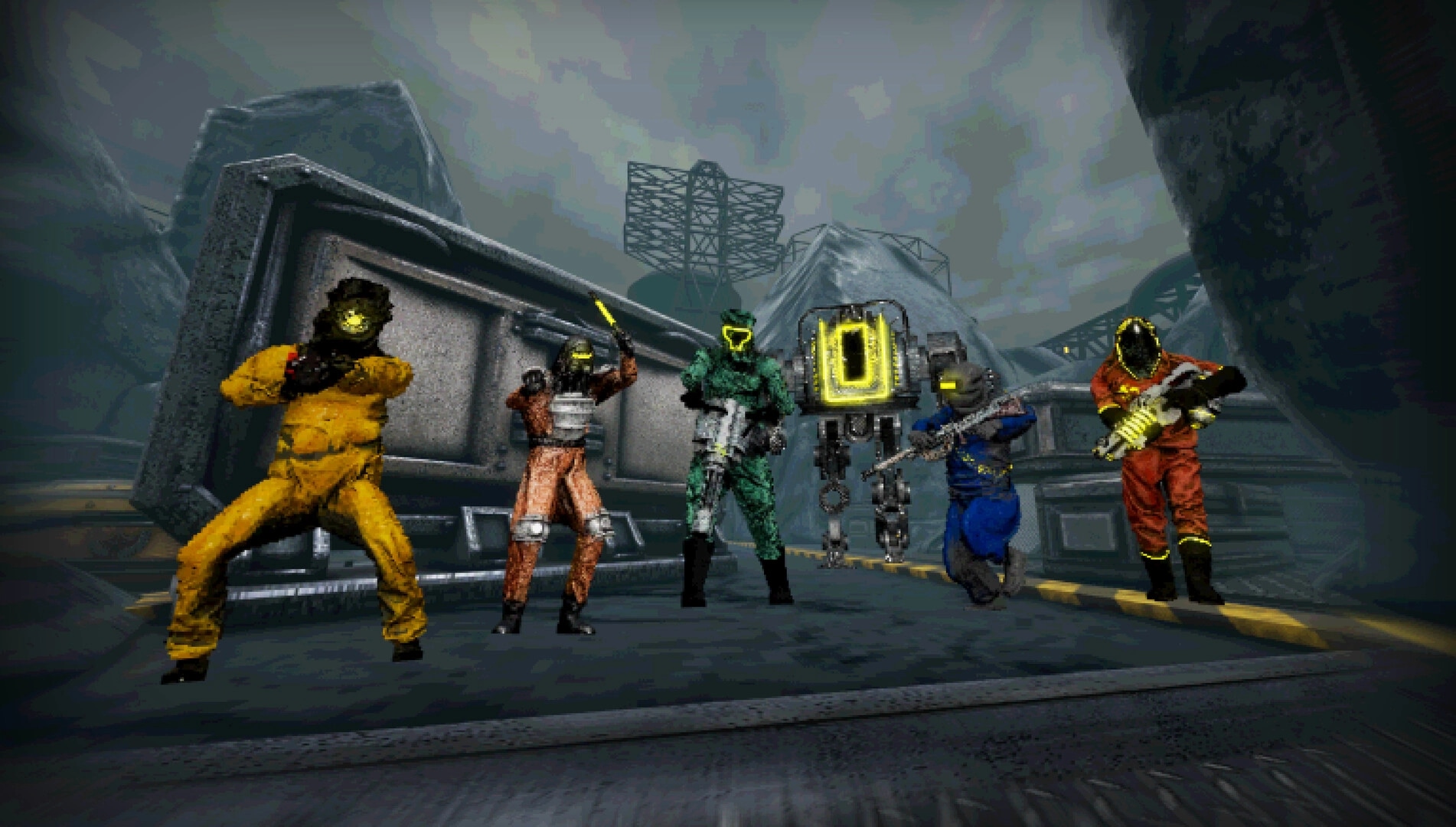 INSPEKTOR: Five armored characters with weapons stand ready in a gloomy industrial landscape.