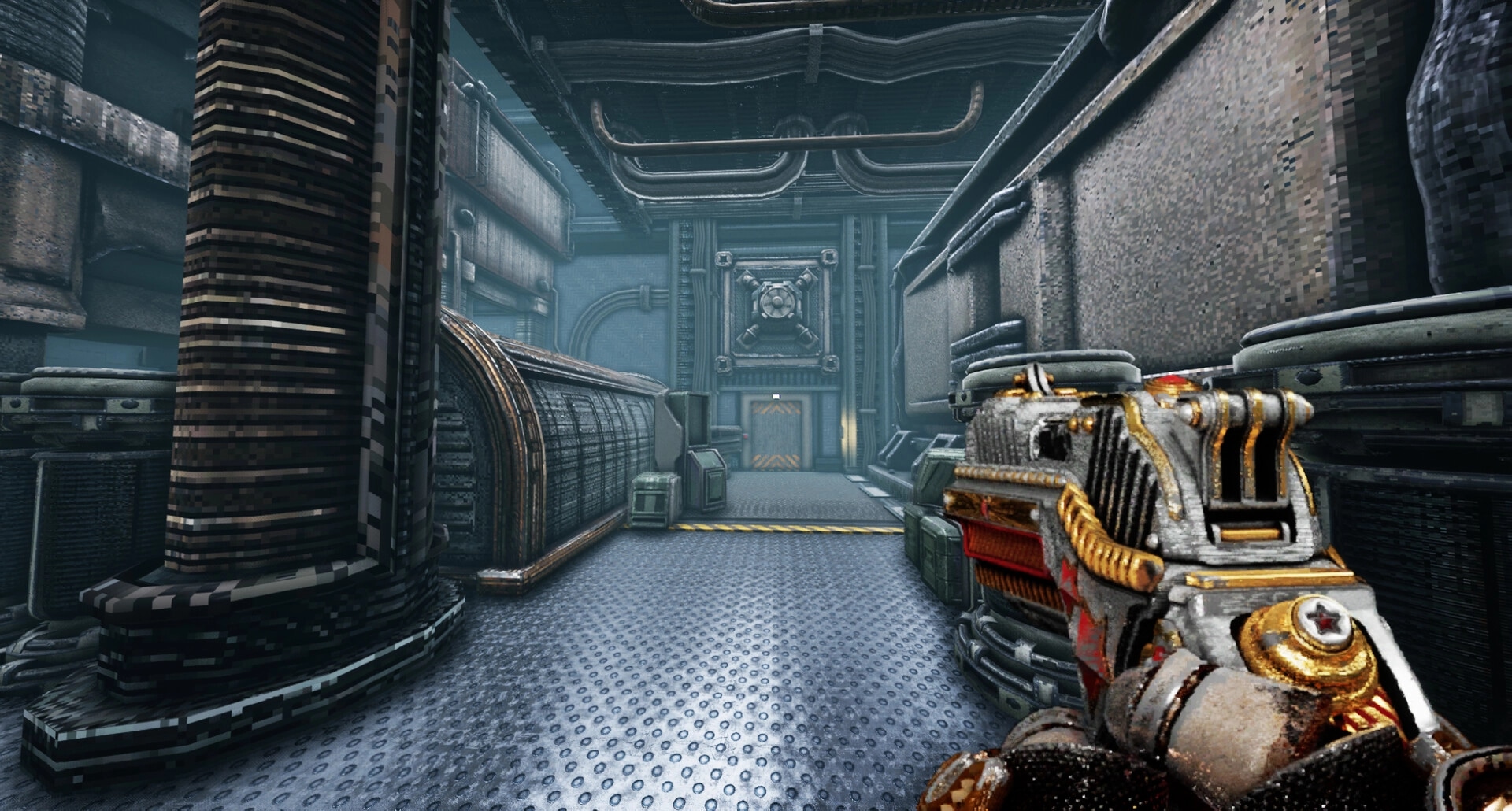 INSPEKTOR: First-person view with futuristic weapon in industrial corridor with metal walls and pipes