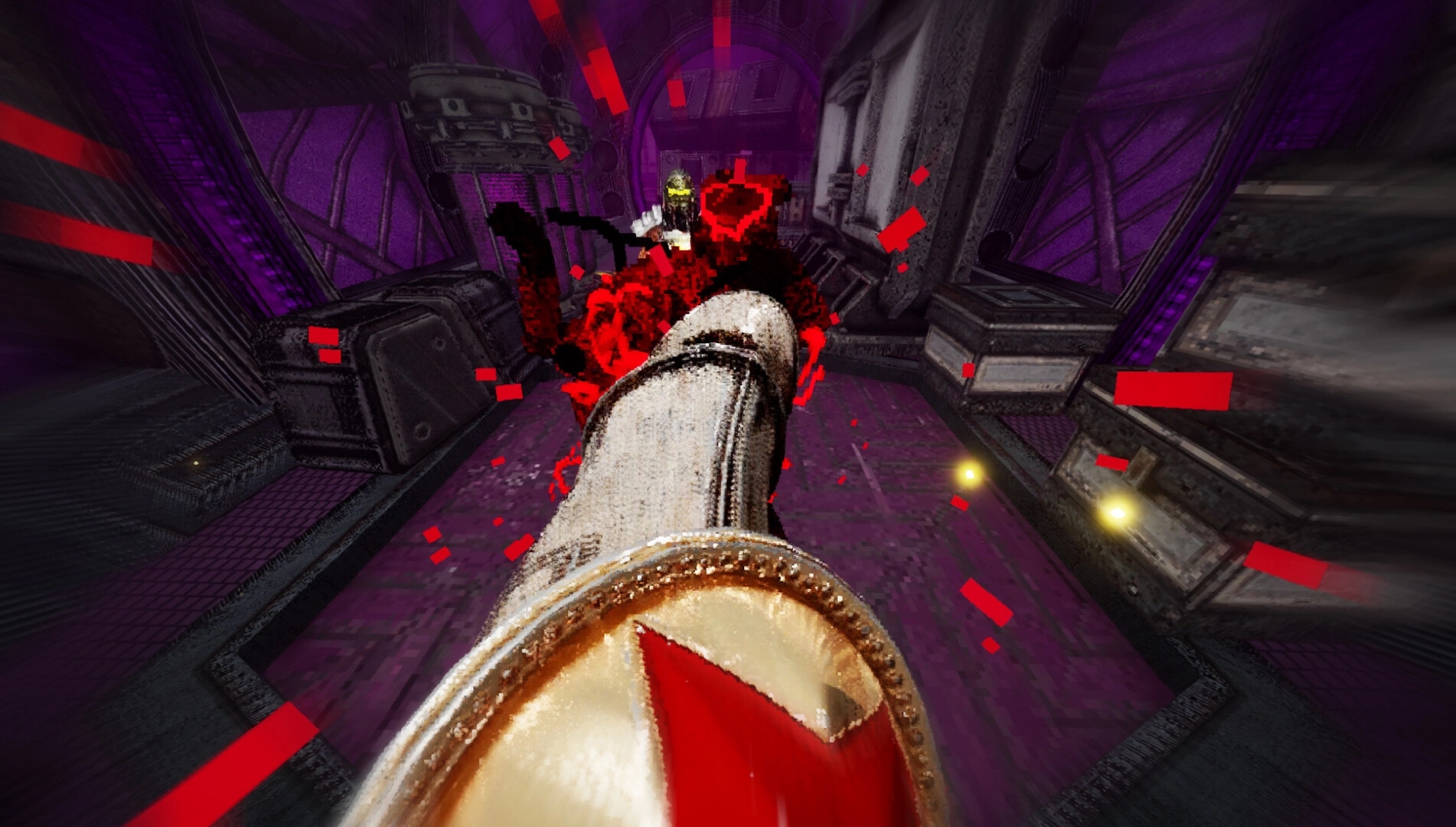 INSPEKTOR: First-person view firing a cannon at enemies in a neon-lit industrial corridor.