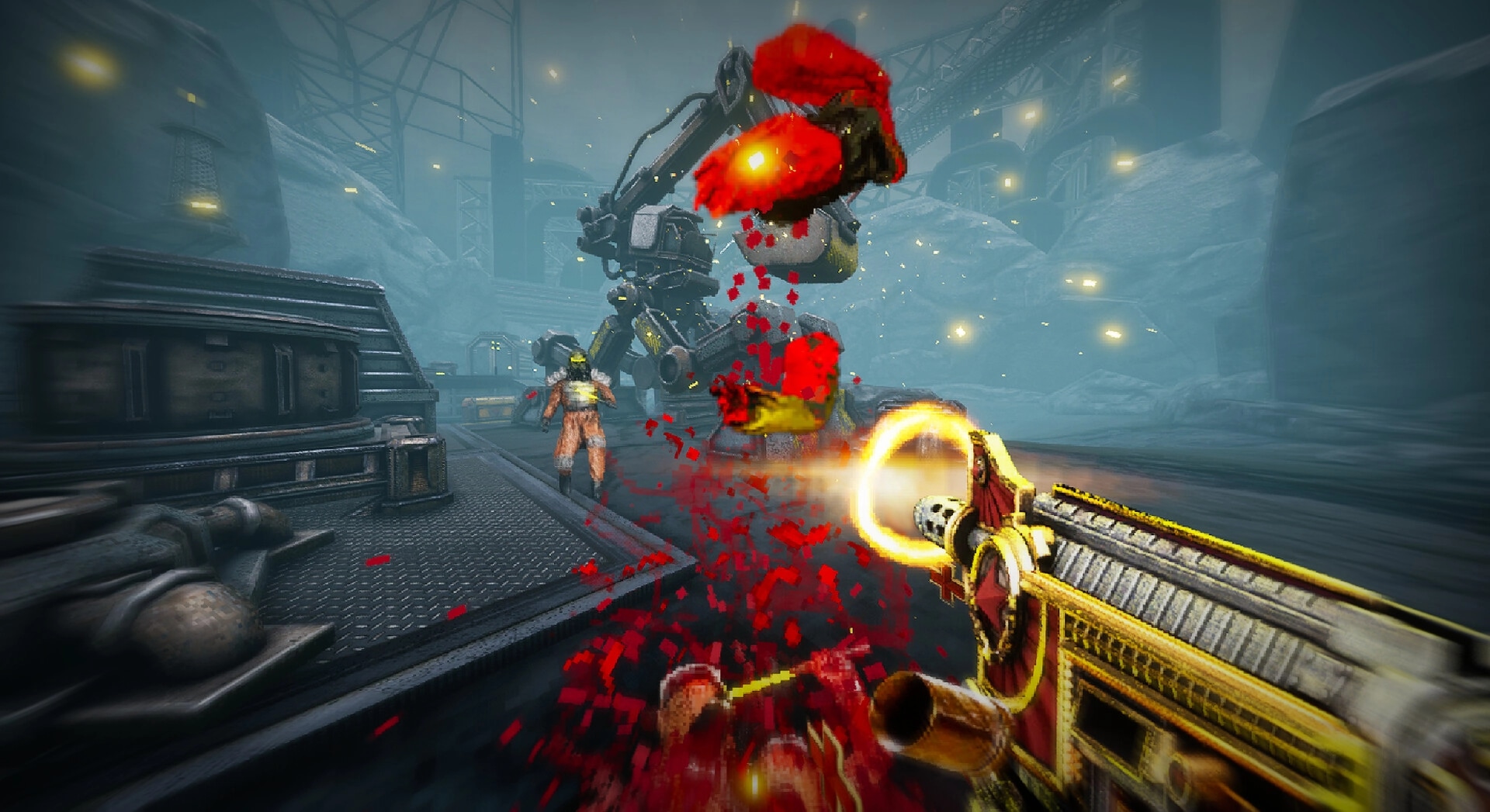 INSPEKTOR: First-person shooting at massive robot and enemy soldier in dark, industrial environment.