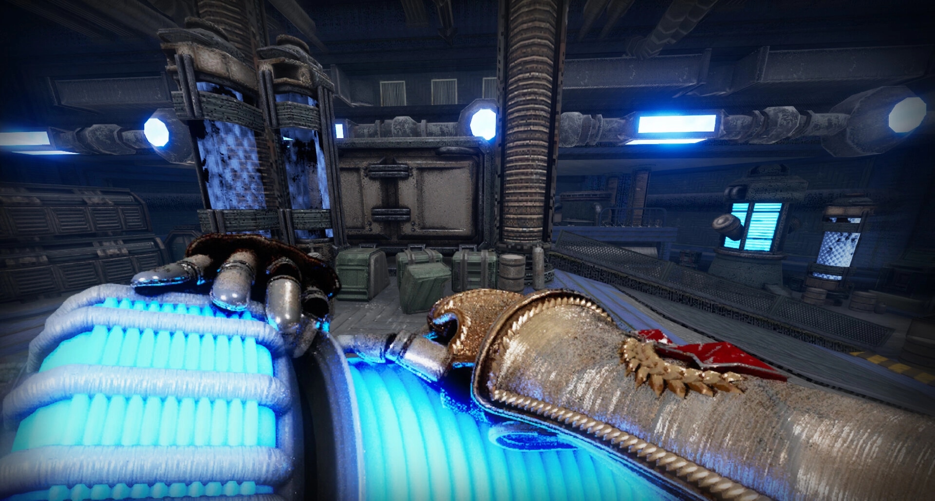 INSPEKTOR: First-person view with a robotic glove in a dim, industrial facility with glowing blue lights.
