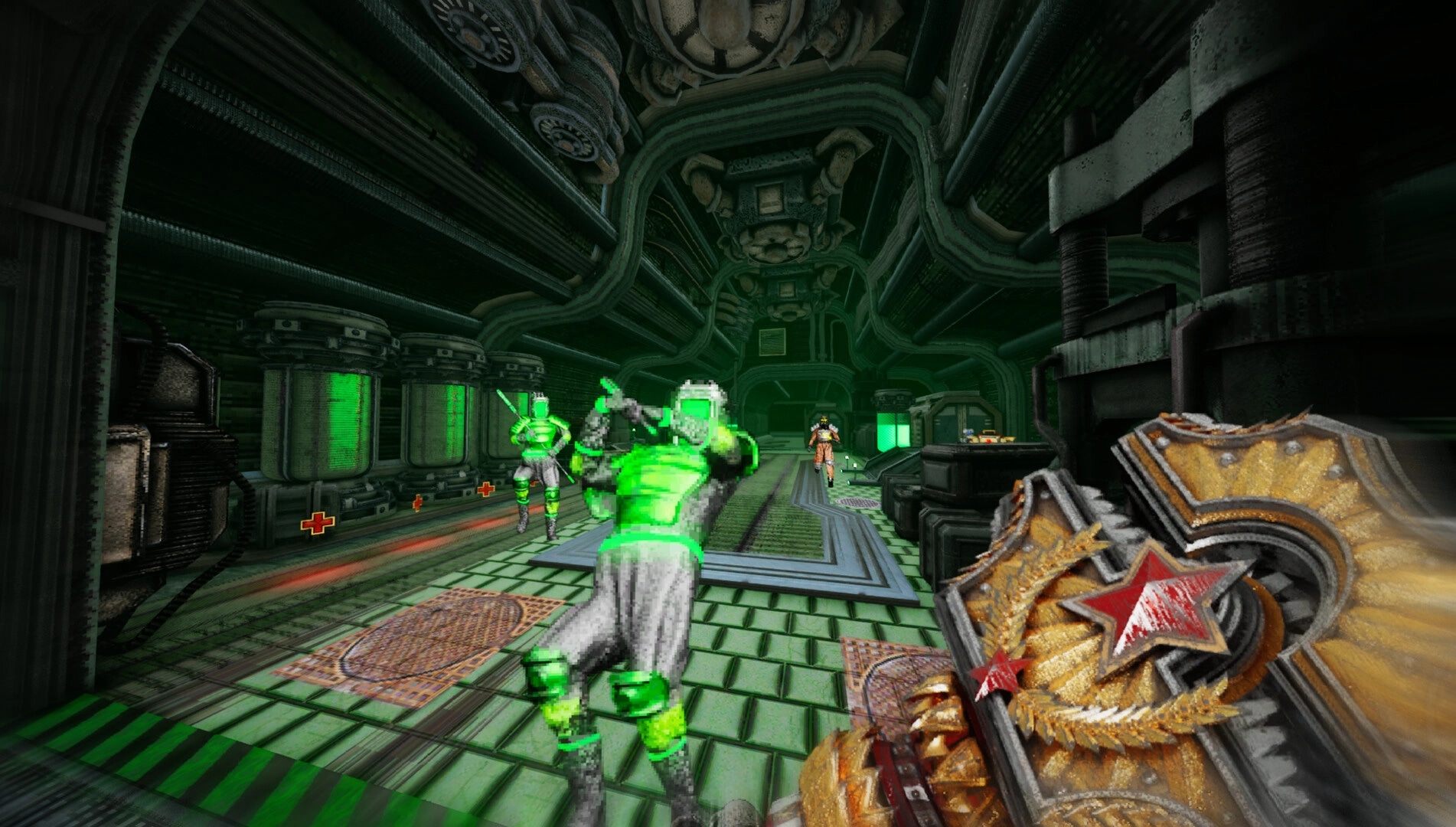 INSPEKTOR: Engaged in combat with neon-armored foes in a dark, industrial corridor with glowing green lights.
