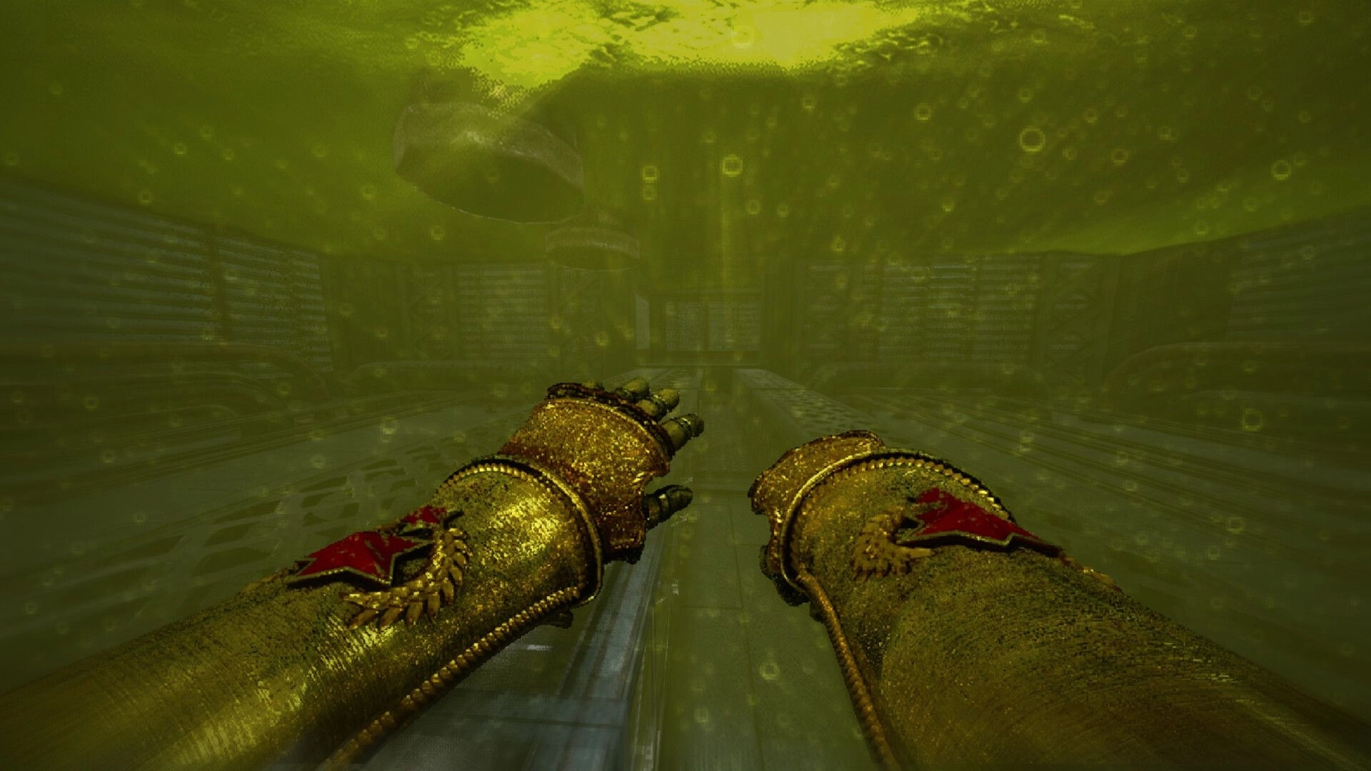 INSPEKTOR: Underwater exploration with golden armored gloves in a dimly lit industrial environment