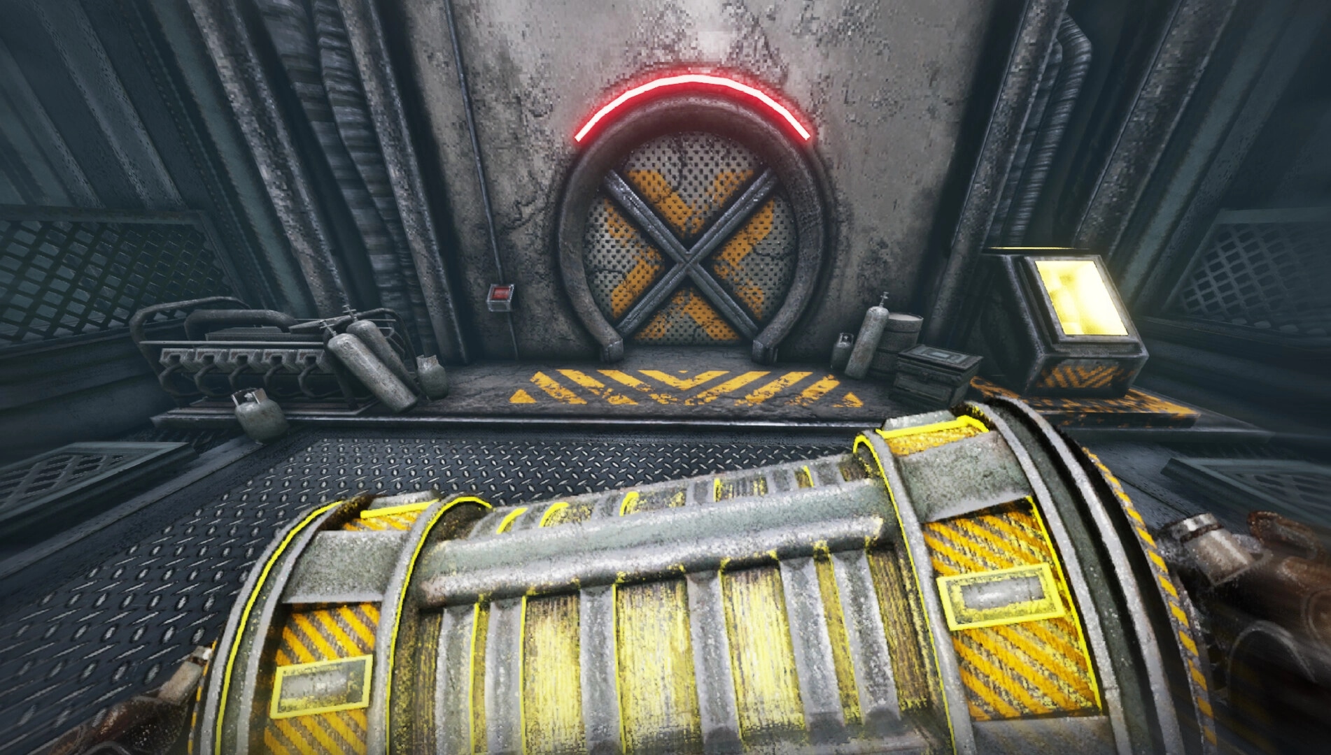 INSPEKTOR: Holding a cylindrical device in front of a closed, neon-lit door in an industrial corridor.