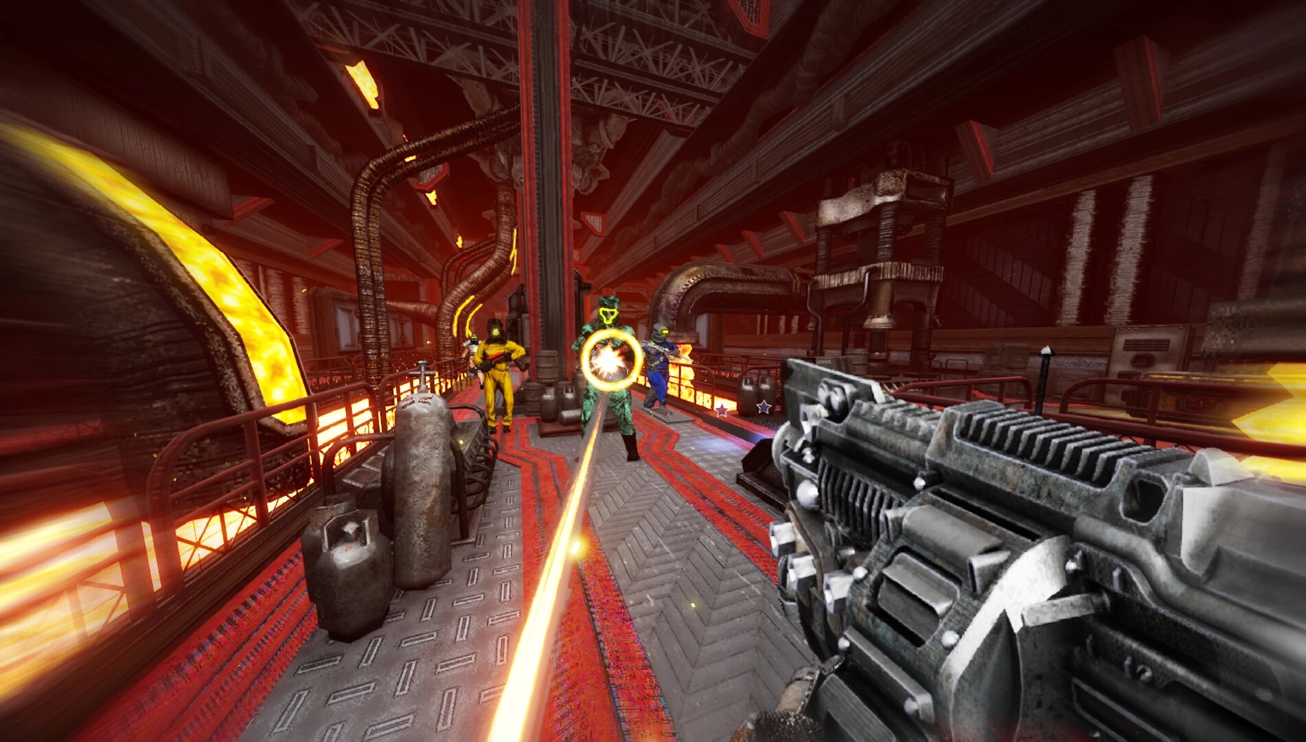INSPEKTOR: Player firing at armored enemies in a dimly lit, industrial corridor with glowing lava flows.