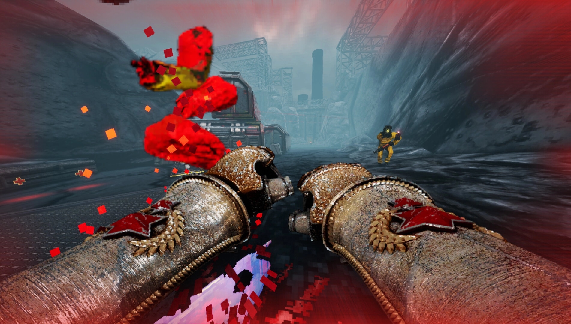 INSPEKTOR: First-person combat with explosive projectiles and enemy in industrial canyon environment