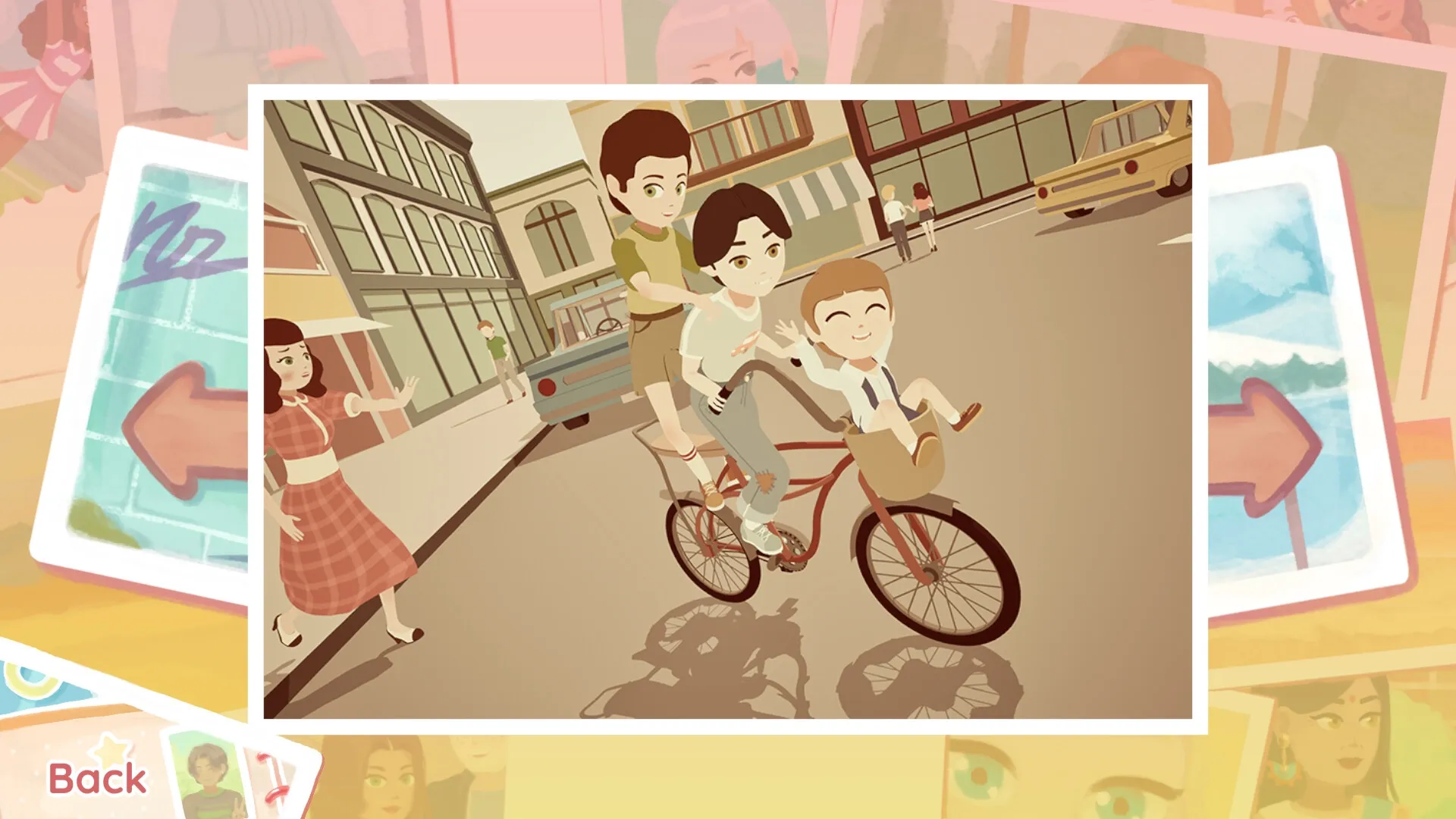 Instants: Three children joyfully ride a bicycle together on a sunny street, surrounded by vintage cars.