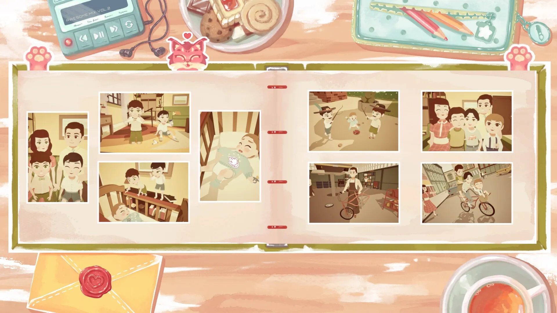Instants: Photo album with family memories, toys, snacks, and a cassette player on a wooden table.