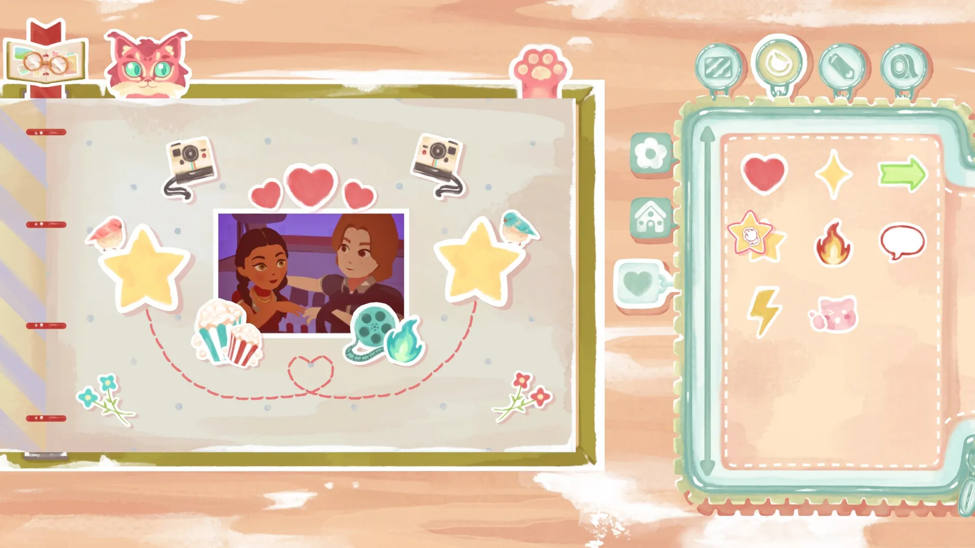 Instants: Photo album crafting with stickers and photo of two characters in a warm, cozy interface.