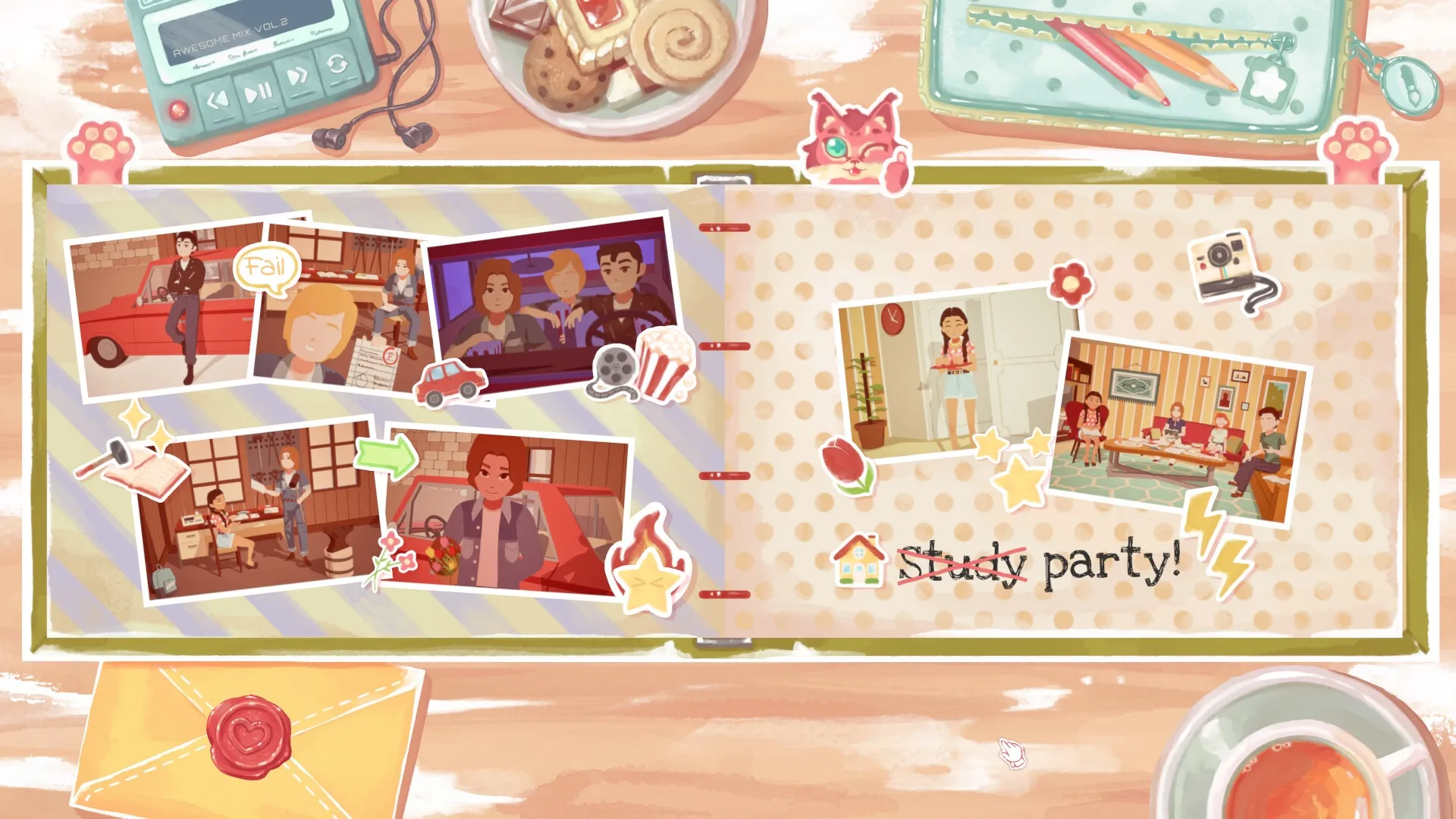 Instants: Open scrapbook with family photos and playful doodles on a cozy wooden table setting.