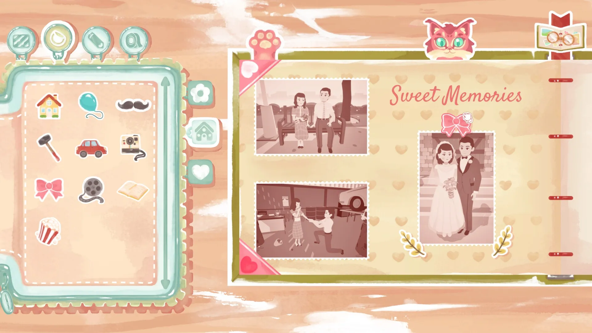 Instants: Photo album crafting with icons and sepia family photos in a cozy scrapbook interface