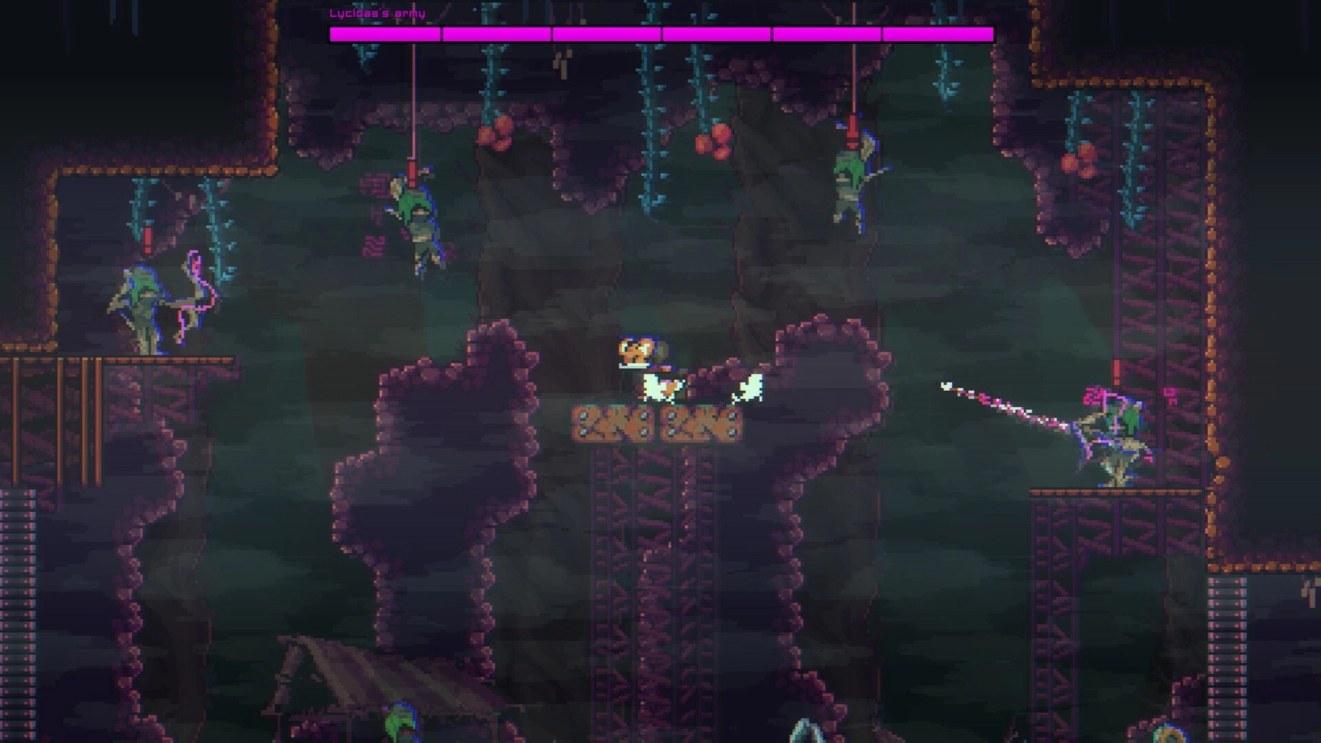 Instinct: Player battles Lycidas's army in a cavernous platform with enemies hanging from vines.