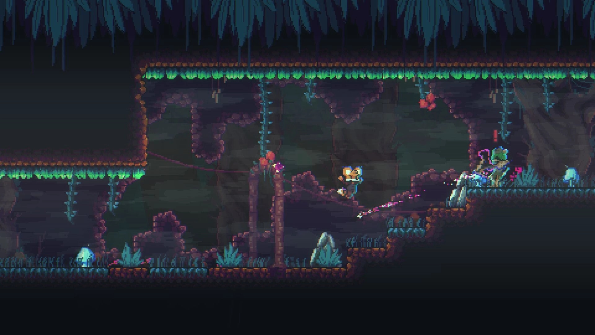 Instinct: Player character jumping across a cavern with lush plants and confronting an enemy creature
