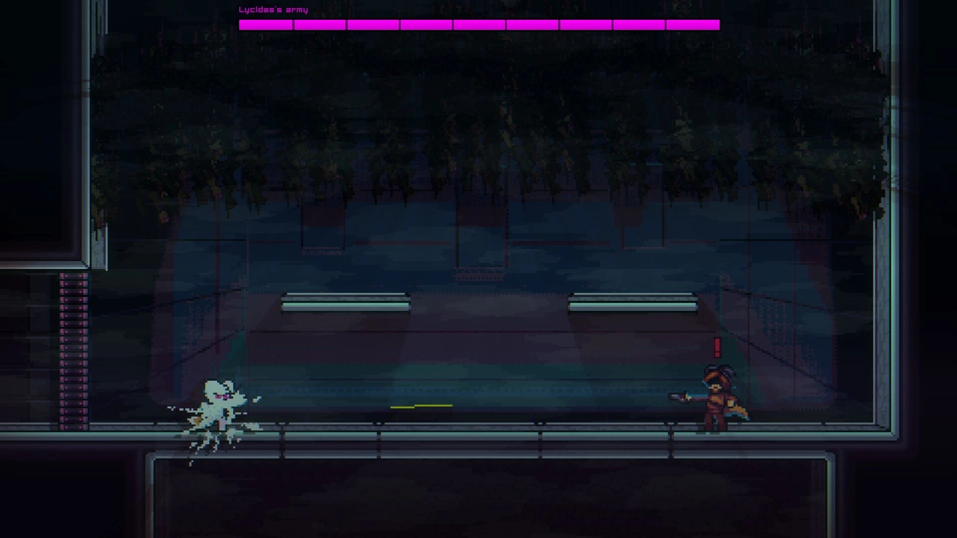 Instinct: Character facing enemy in dark corridor with Lycidas's army health bar at top of screen