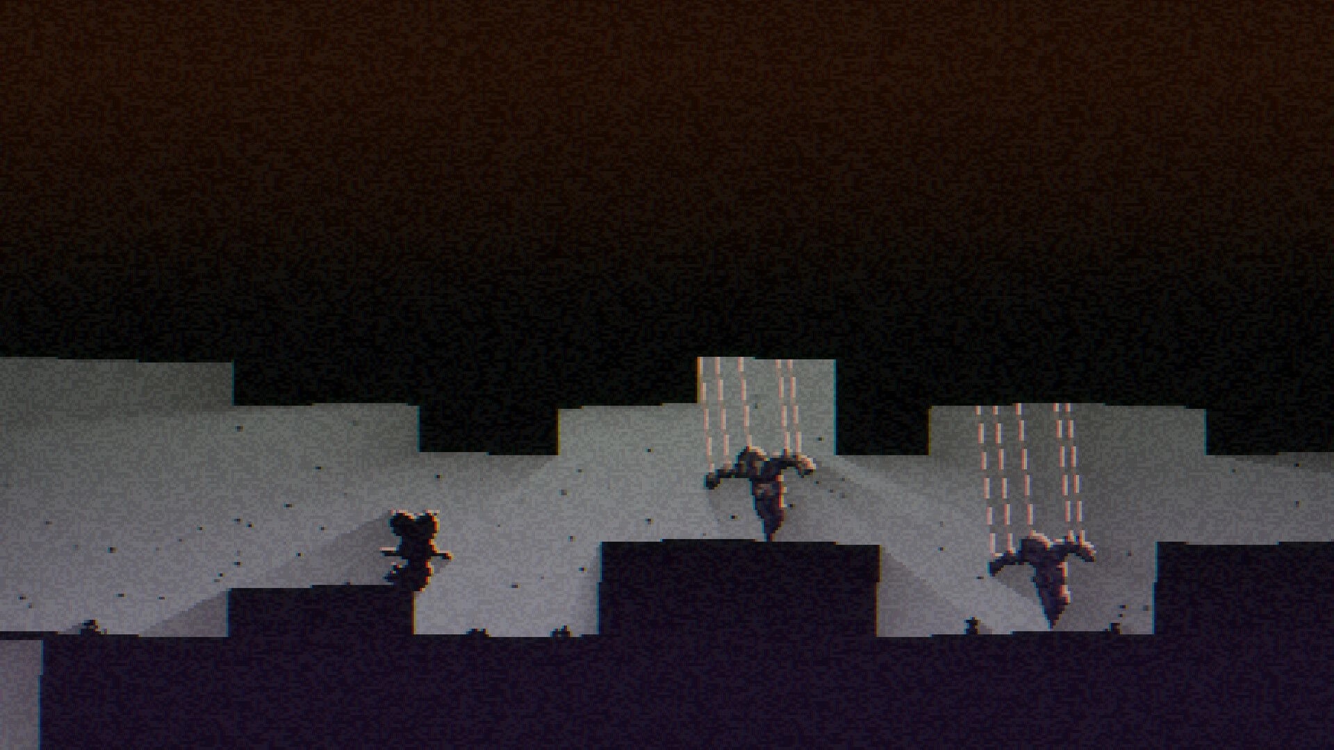 Instinct: Characters jumping across platforms in a dark, pixelated cityscape environment.