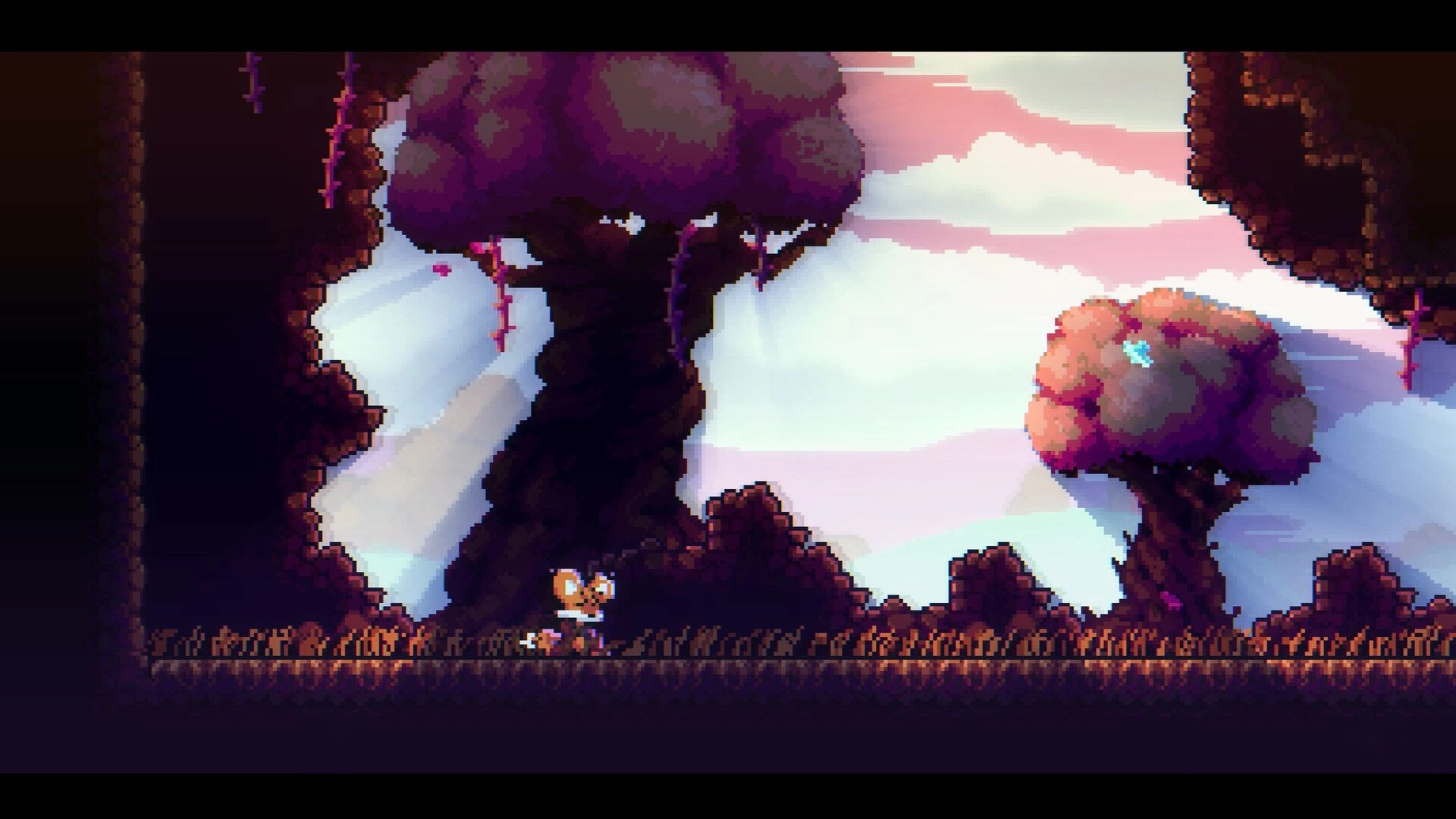 Instinct: Character running through a pixel-art forest with large purple trees and a bright sky backdrop.