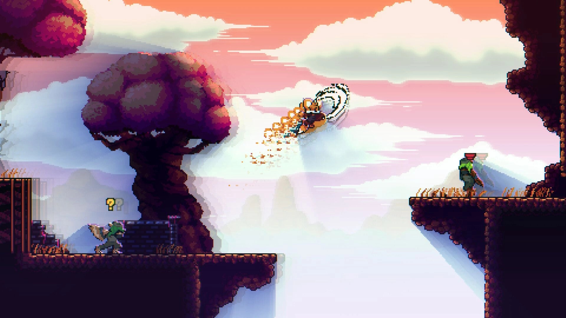 Instinct: Character jumps across platforms in a vibrant forest with enemies and a question mark icon.